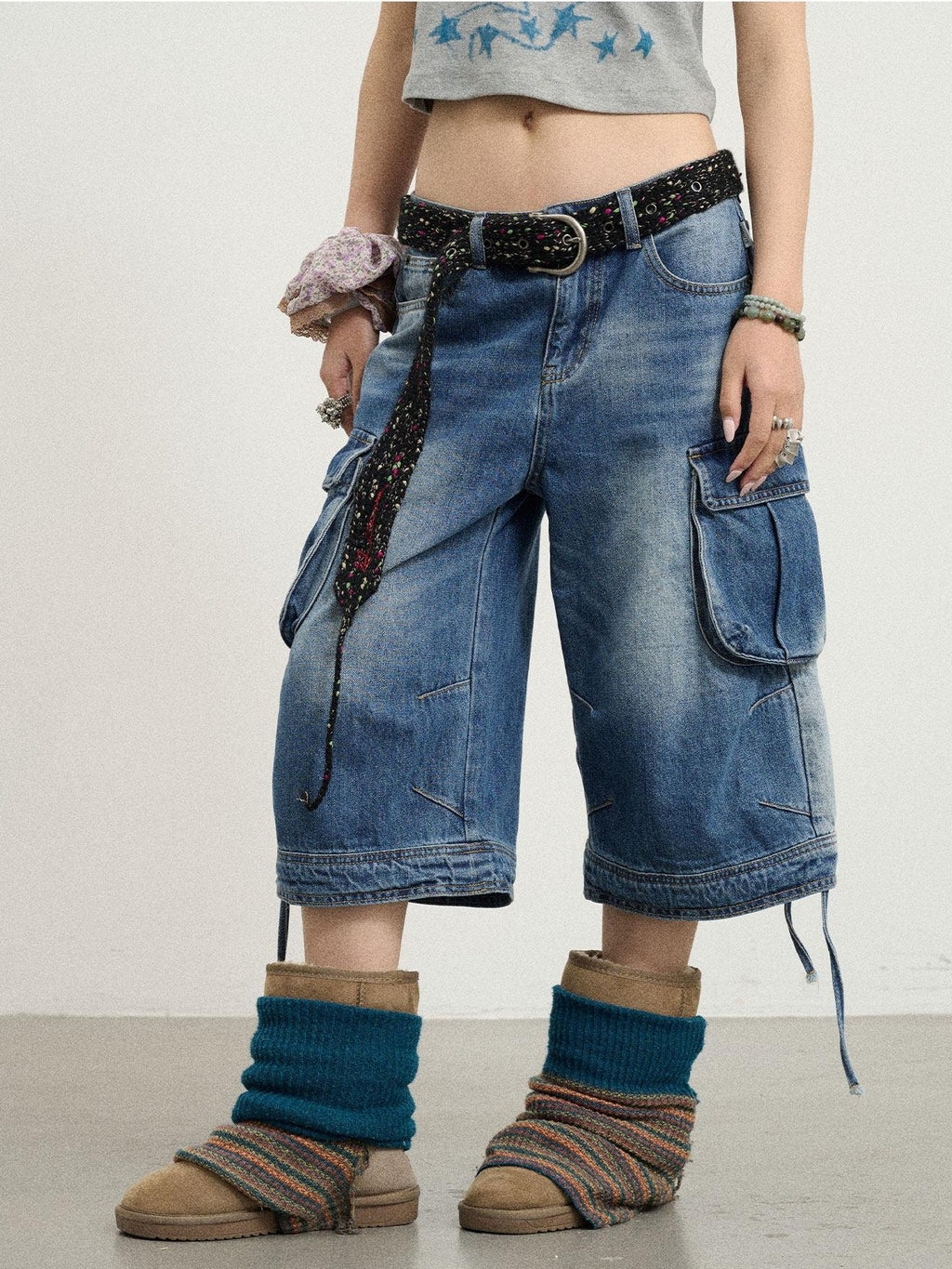 Achihara Beachwashed Distressed Utility Wide Leg Women'S Natural Waist Cropped Jeans