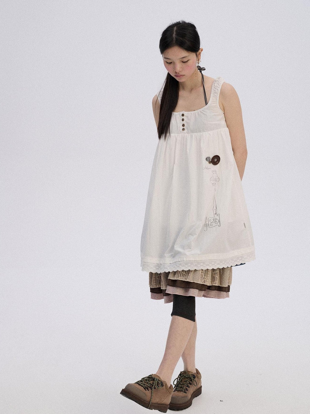 Achihara Black And White A Line Strappy Workwear Women'S Cotton Casual Midi Dresses