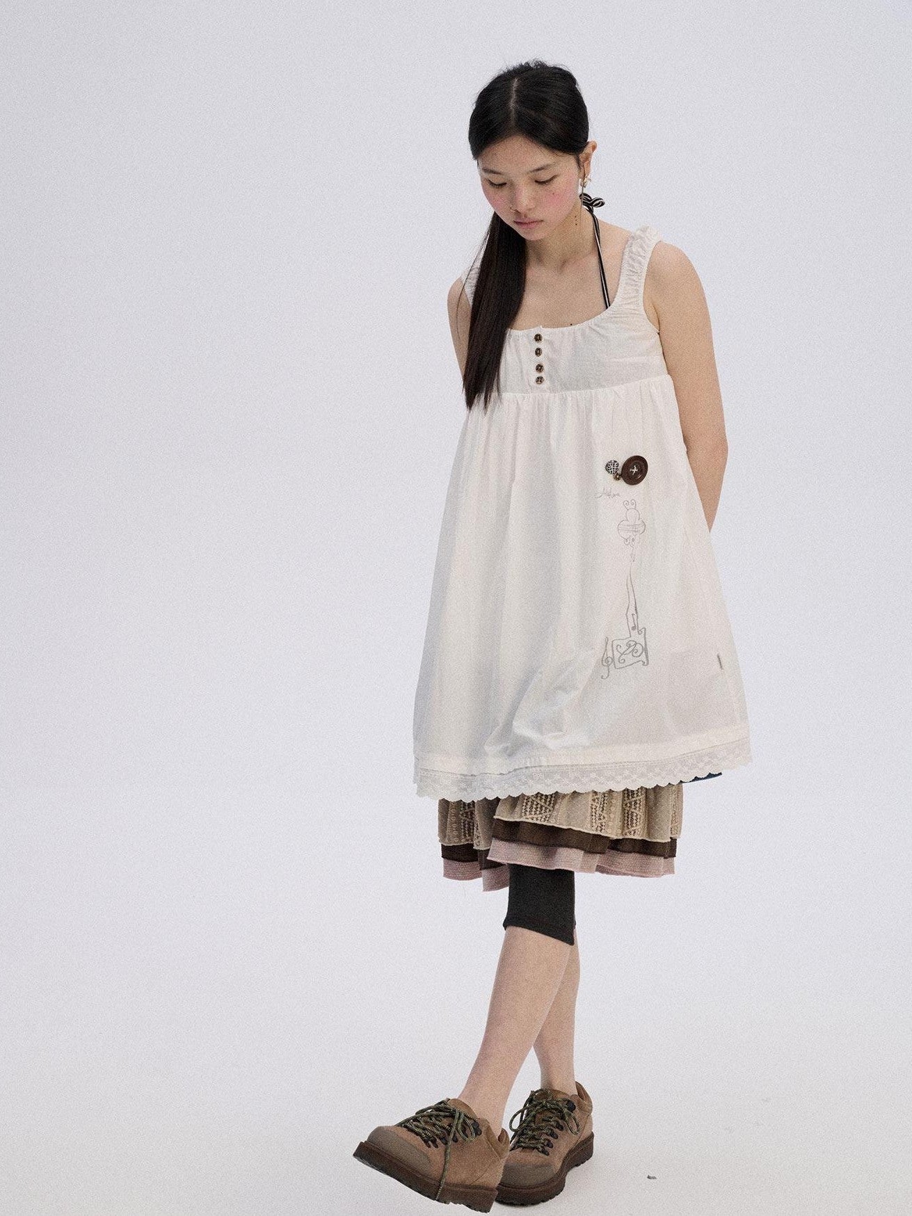 Achihara Black And White A Line Strappy Workwear Women'S Cotton Casual Midi Dresses