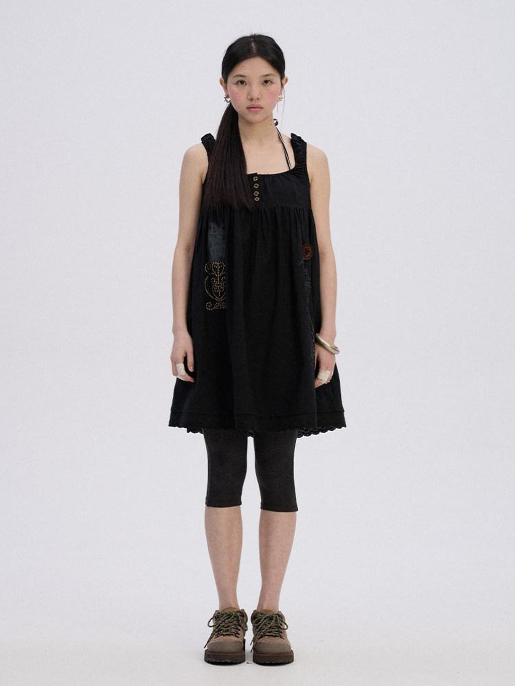 Achihara Black And White A Line Strappy Workwear Women'S Cotton Casual Midi Dresses