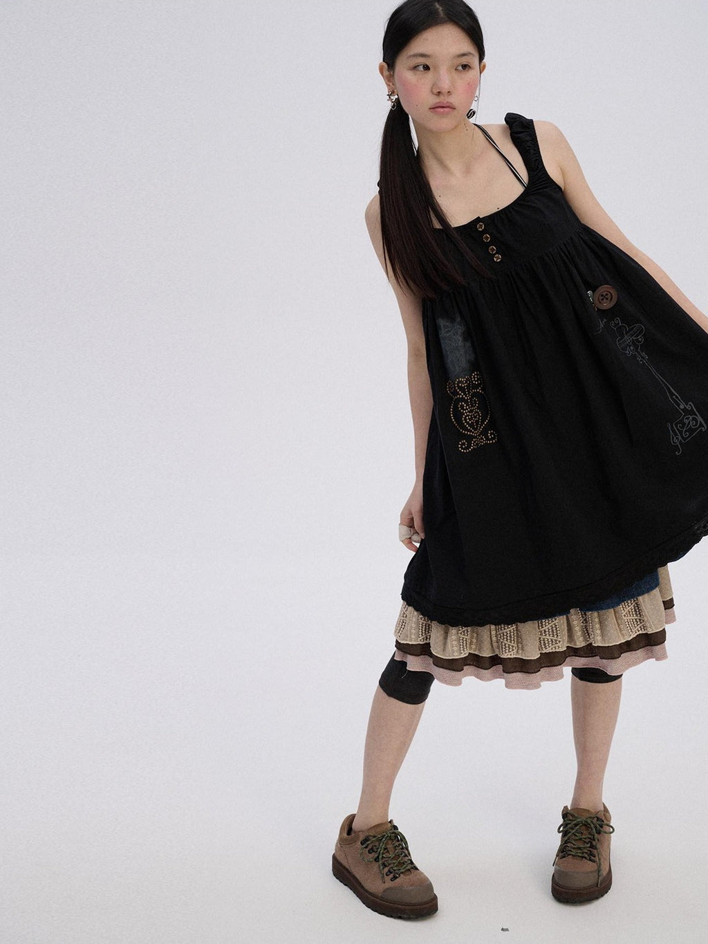 Achihara Black And White A Line Strappy Workwear Women'S Cotton Casual Midi Dresses