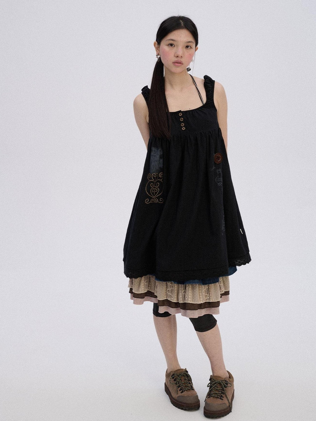 Achihara Black And White A Line Strappy Workwear Women'S Cotton Casual Midi Dresses