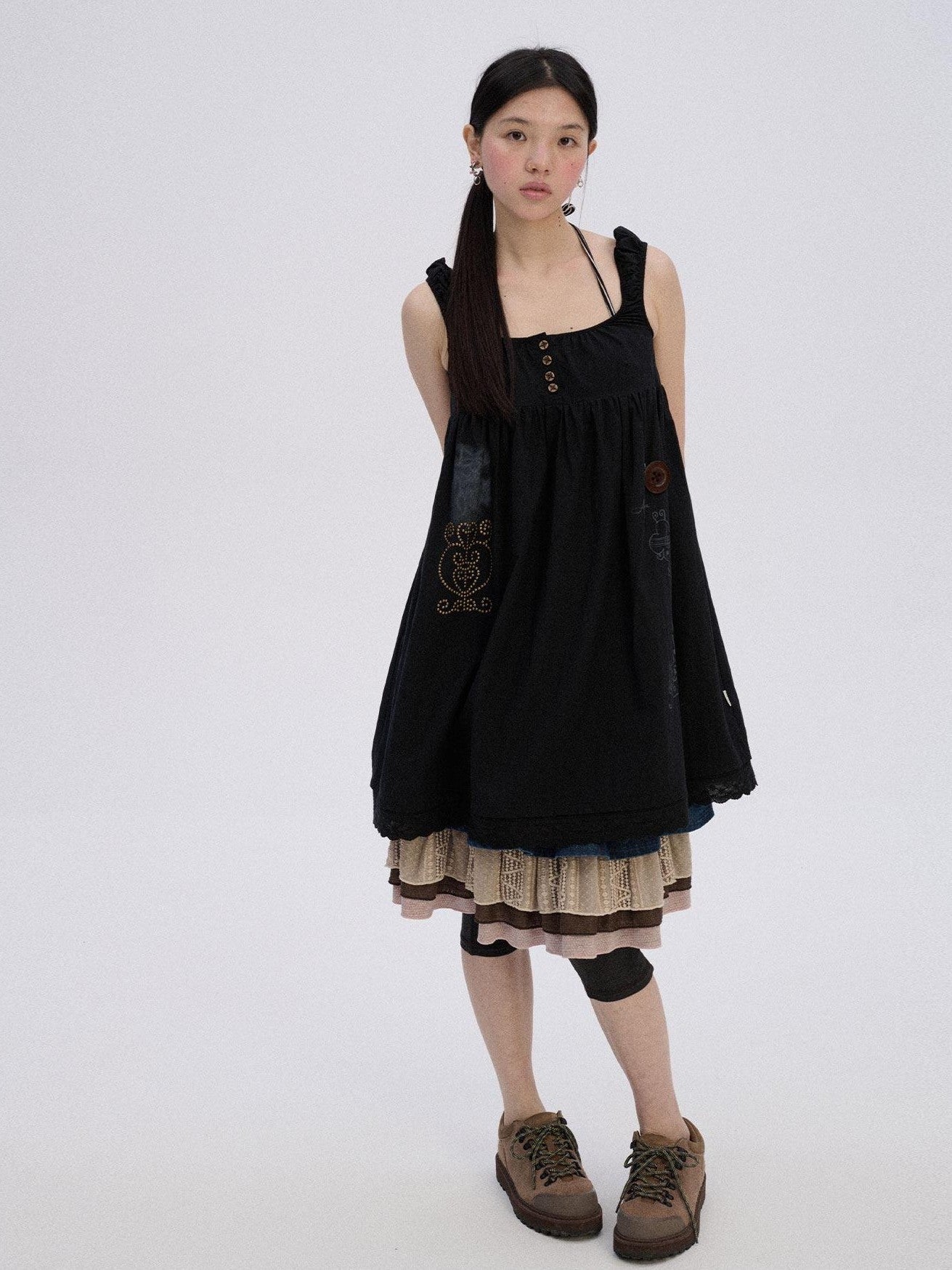 Achihara Black And White A Line Strappy Workwear Women'S Cotton Casual Midi Dresses