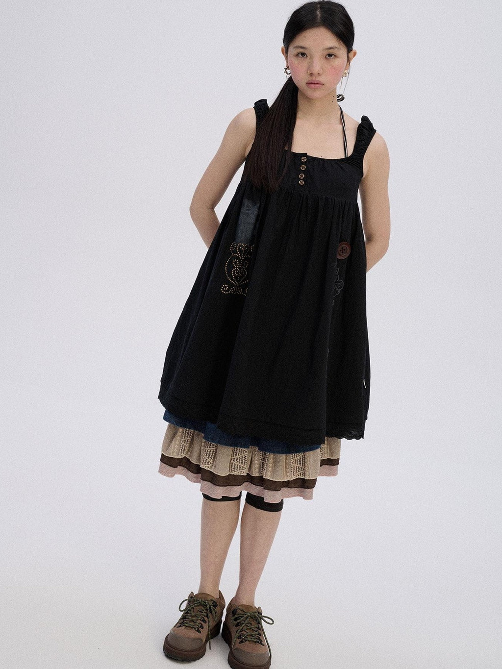 Achihara Black And White A Line Strappy Workwear Women'S Cotton Casual Midi Dresses