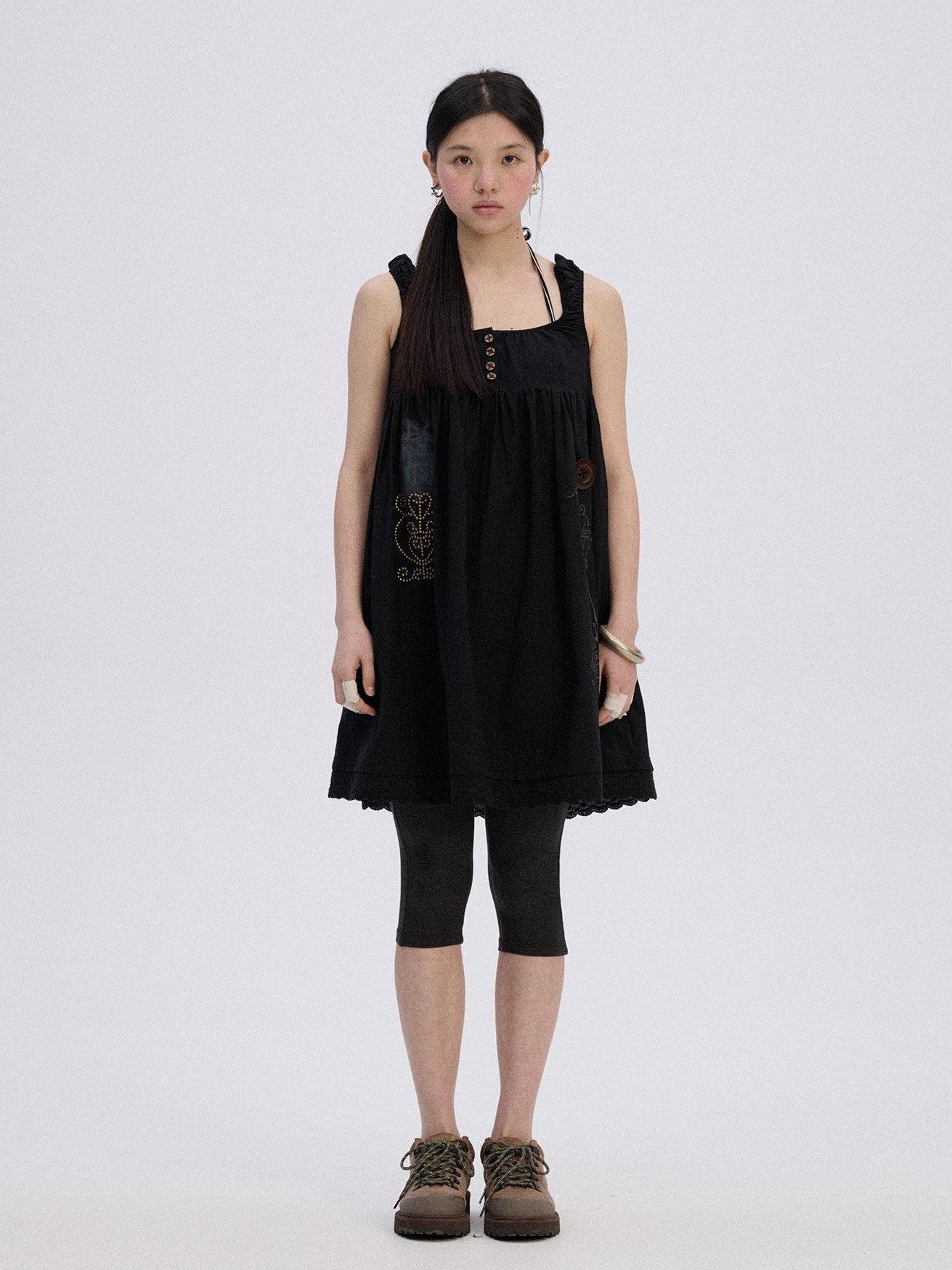 Achihara Black And White A Line Strappy Workwear Women'S Cotton Casual Midi Dresses