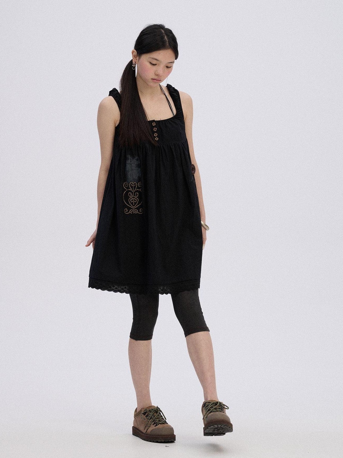 Achihara Black And White A Line Strappy Workwear Women'S Cotton Casual Midi Dresses