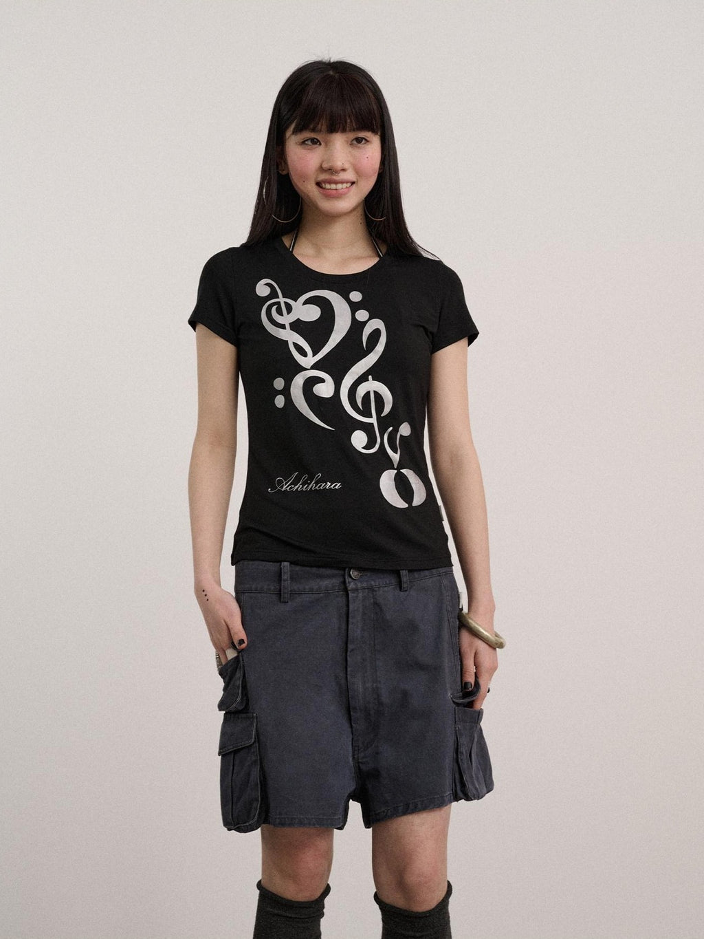 Achihara Black And White Round Neck Slim Fit Women'S Modal Short Sleeve T-Shirts