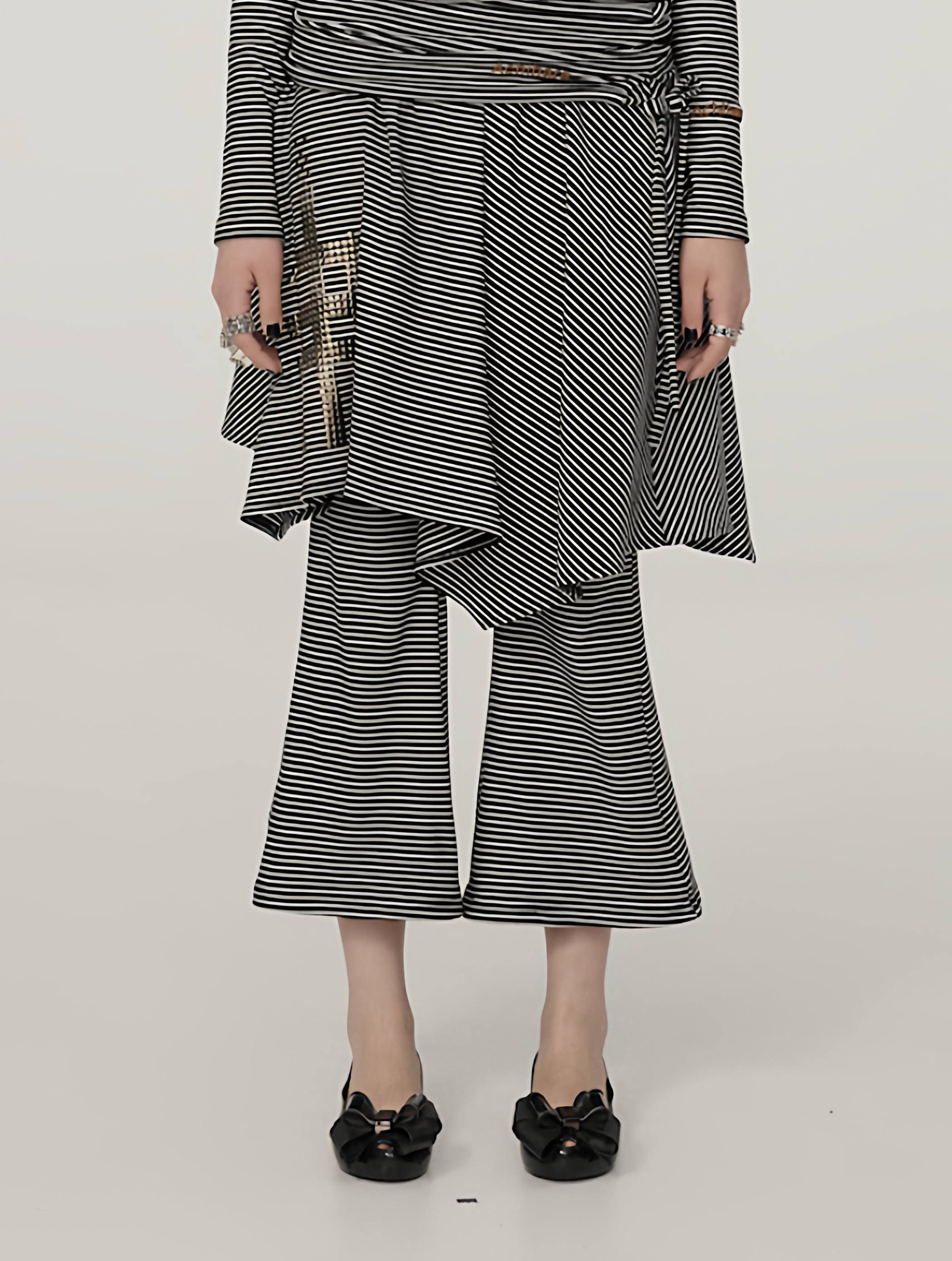 Achihara_Black_And_White_Striped_Side_Slit_Women'S_Polyester_Wide-Leg_Pants_MISSTT