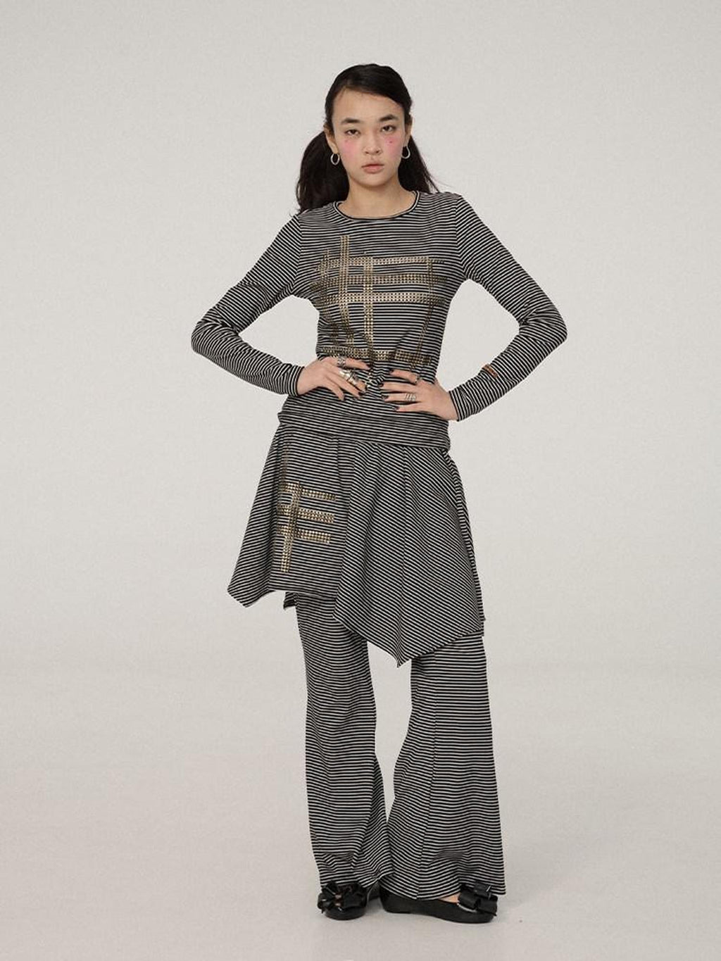 Achihara Black And White Striped Side Slit Women'S Polyester Wide-Leg Pants