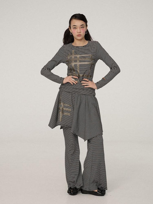 Achihara Black And White Striped Side Slit Women'S Polyester Wide-Leg Pants