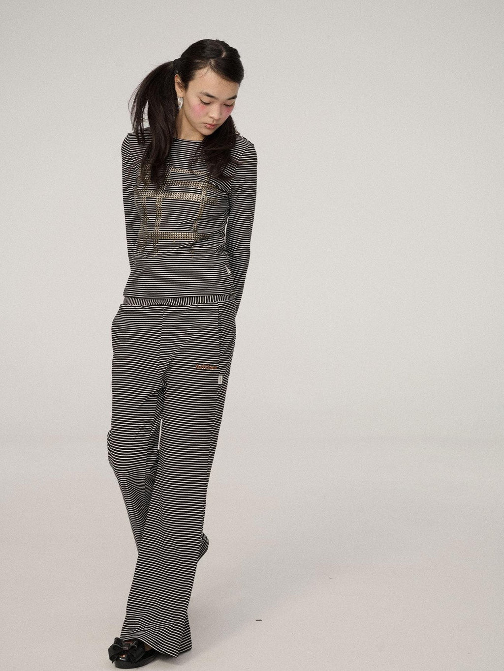 Achihara Black And White Striped Side Slit Women'S Polyester Wide-Leg Pants