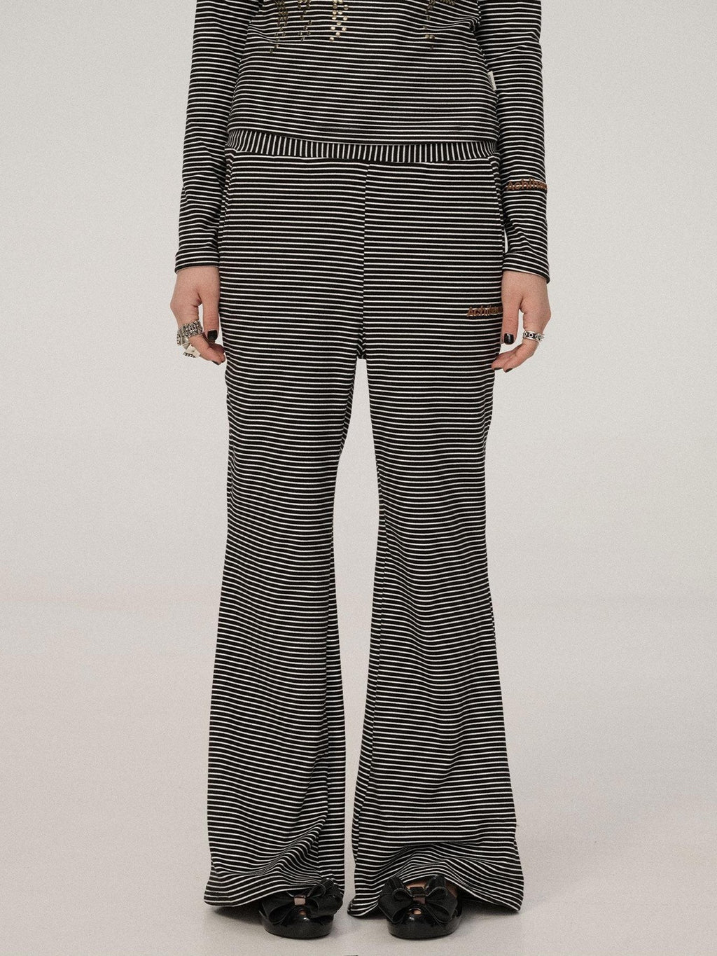 Achihara Black And White Striped Side Slit Women'S Polyester Wide-Leg Pants