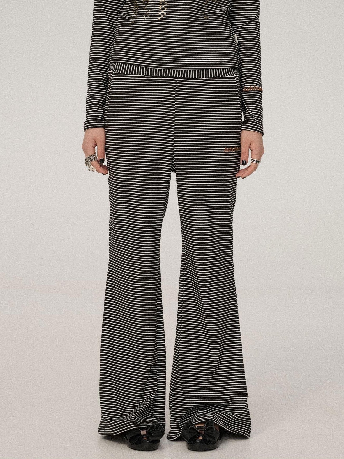 Achihara Black And White Striped Side Slit Women'S Polyester Wide-Leg Pants