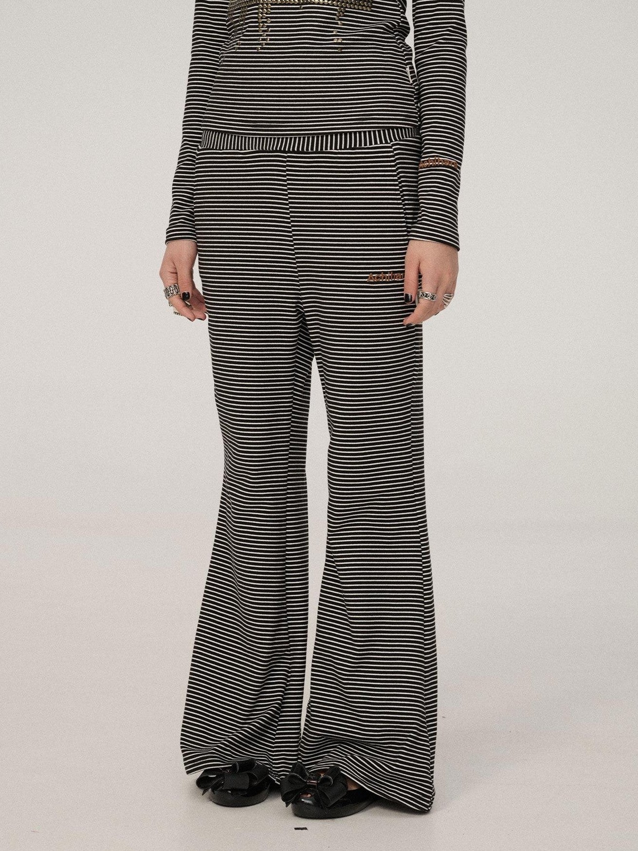 Achihara Black And White Striped Side Slit Women'S Polyester Wide-Leg Pants