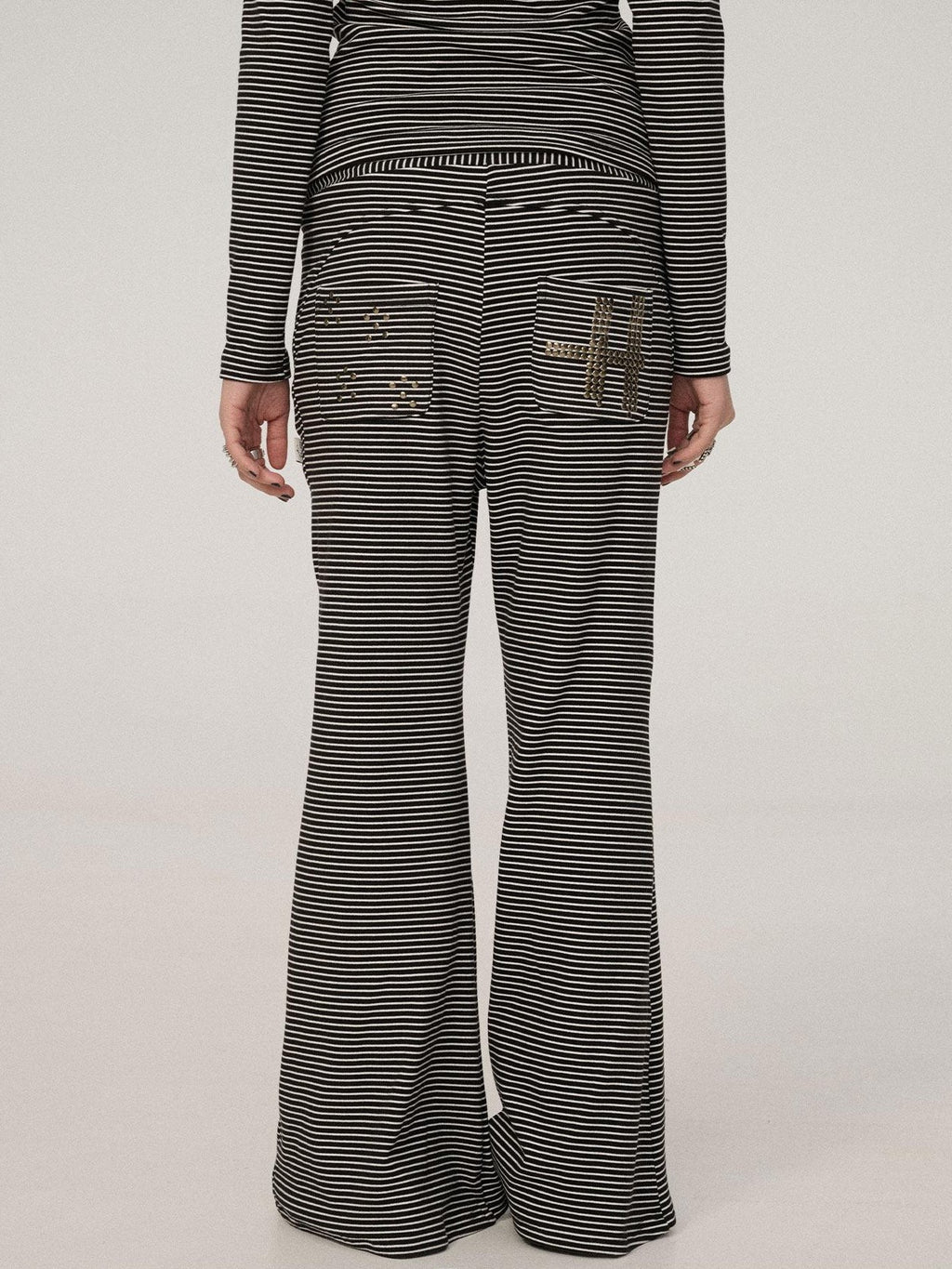 Achihara Black And White Striped Side Slit Women'S Polyester Wide-Leg Pants