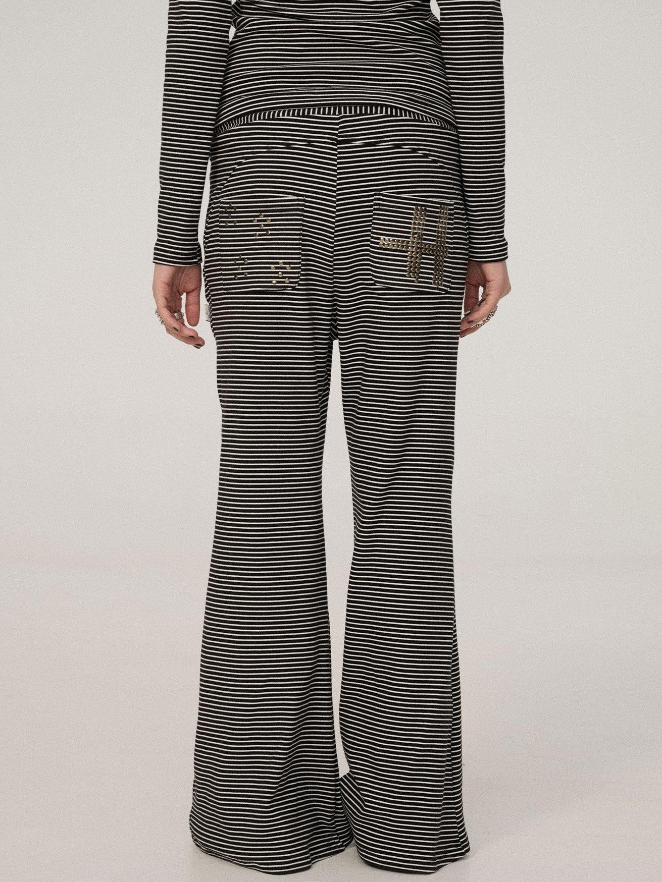 Achihara Black And White Striped Side Slit Women'S Polyester Wide-Leg Pants