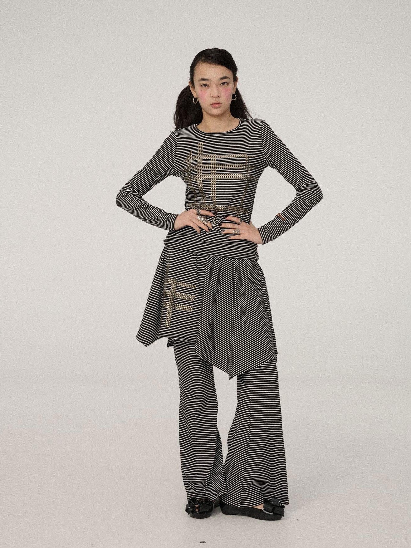 Achihara Black And White Striped Side Slit Women'S Polyester Wide-Leg Pants