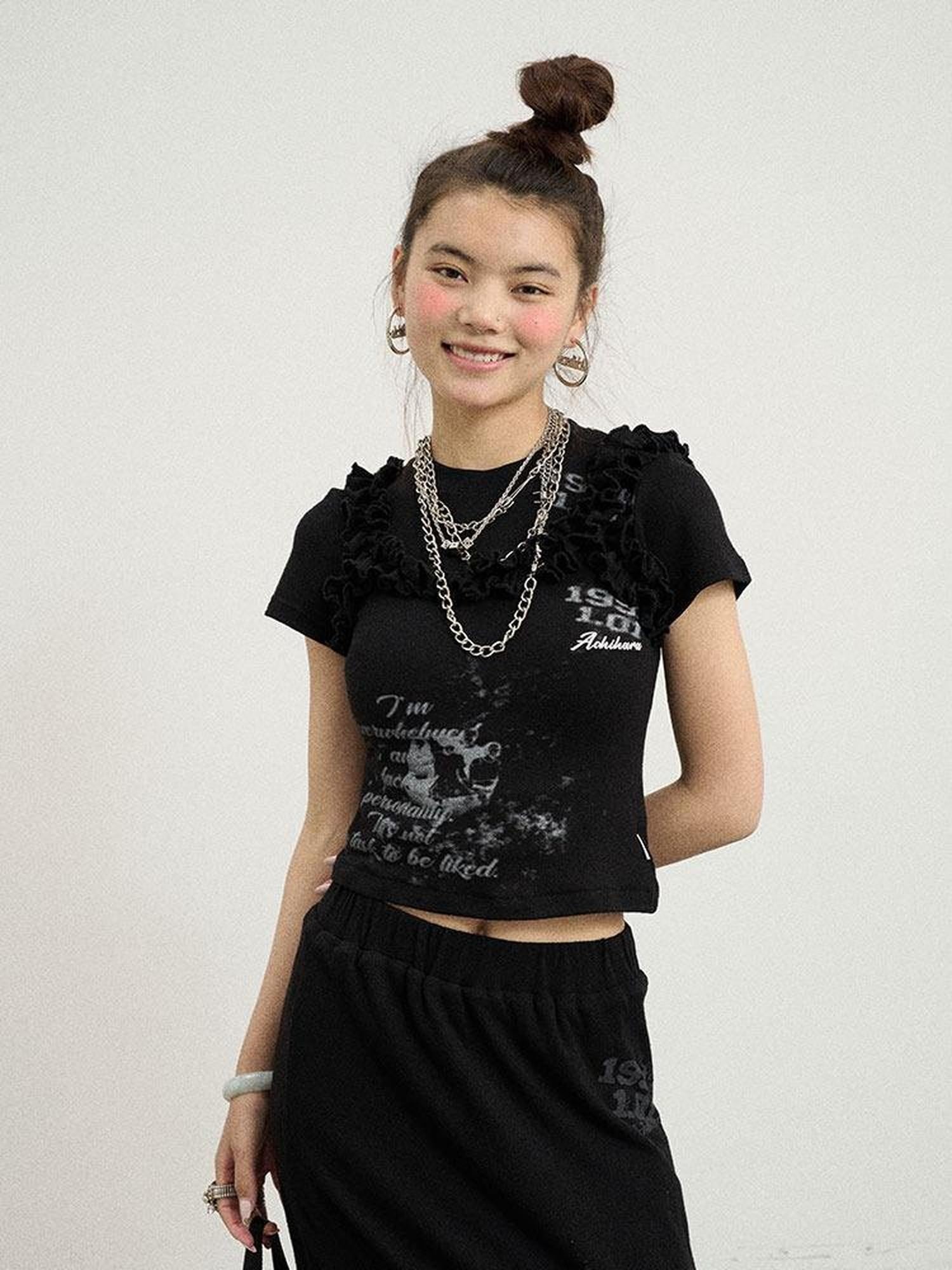 Achihara Black Cropped Slim Round Neck Women'S Cotton Nylon Short Sleeve T-Shirts