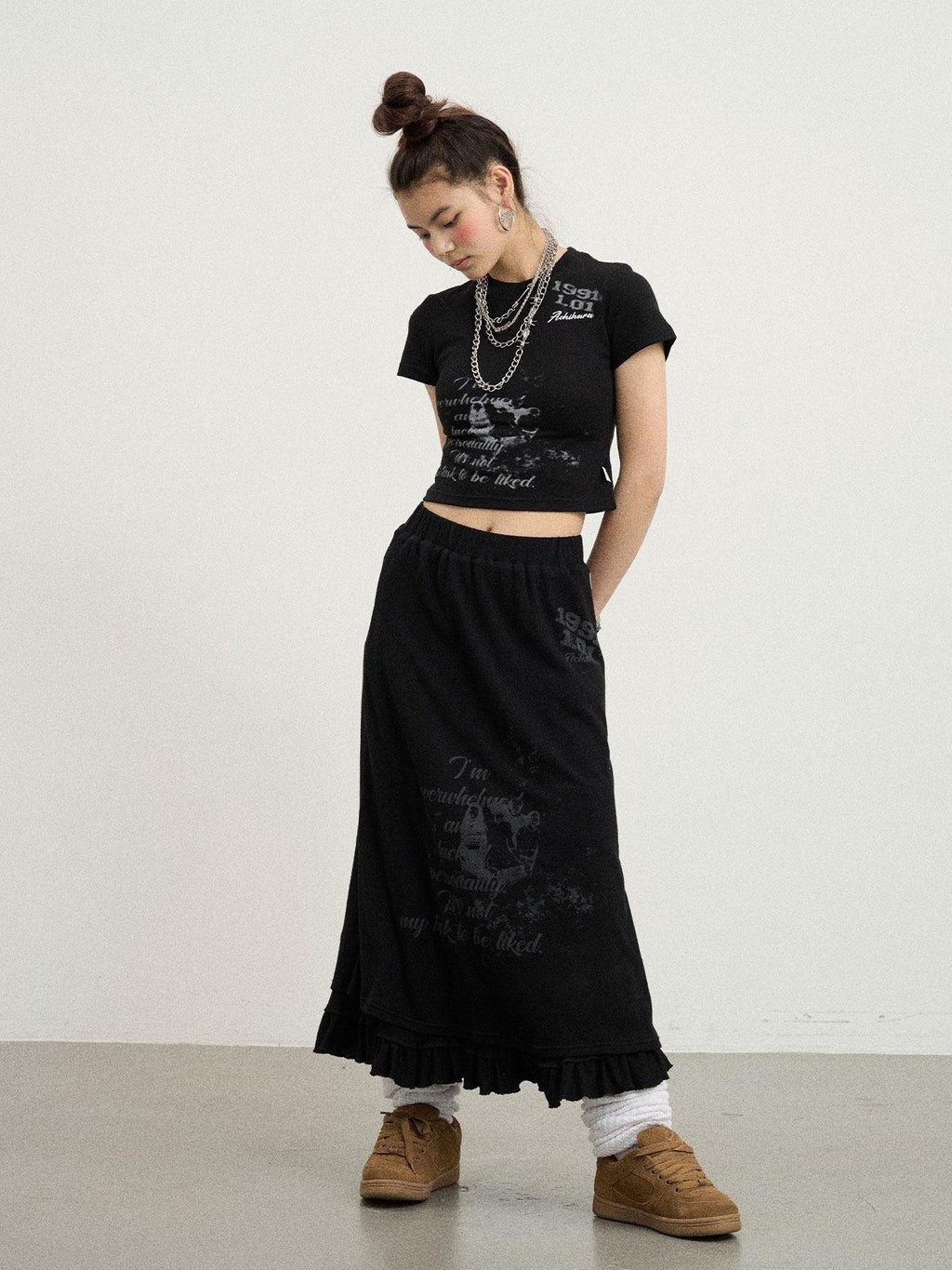Achihara Black Cropped Slim Round Neck Women'S Cotton Nylon Short Sleeve T-Shirts