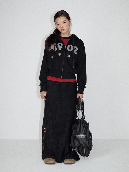 Achihara Black Embroidered A Line Mid Waist Women'S Polyester Maxi Skirts