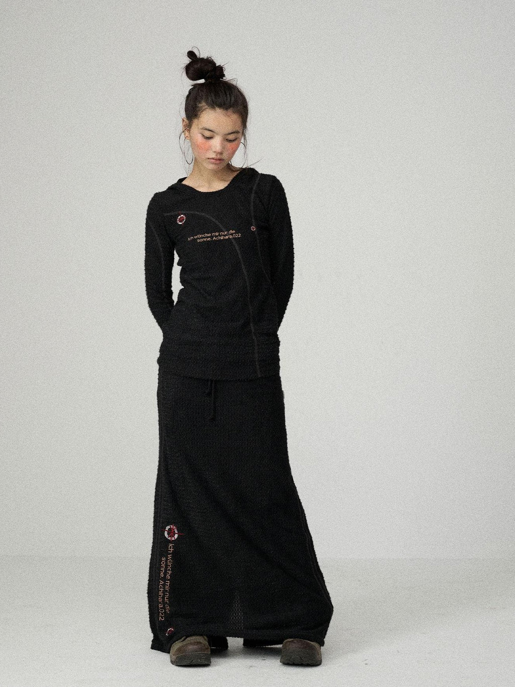 Achihara Black Embroidered A Line Mid Waist Women'S Polyester Maxi Skirts
