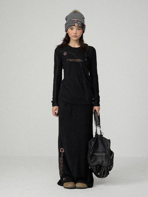 Achihara Black Embroidered A Line Mid Waist Women'S Polyester Maxi Skirts