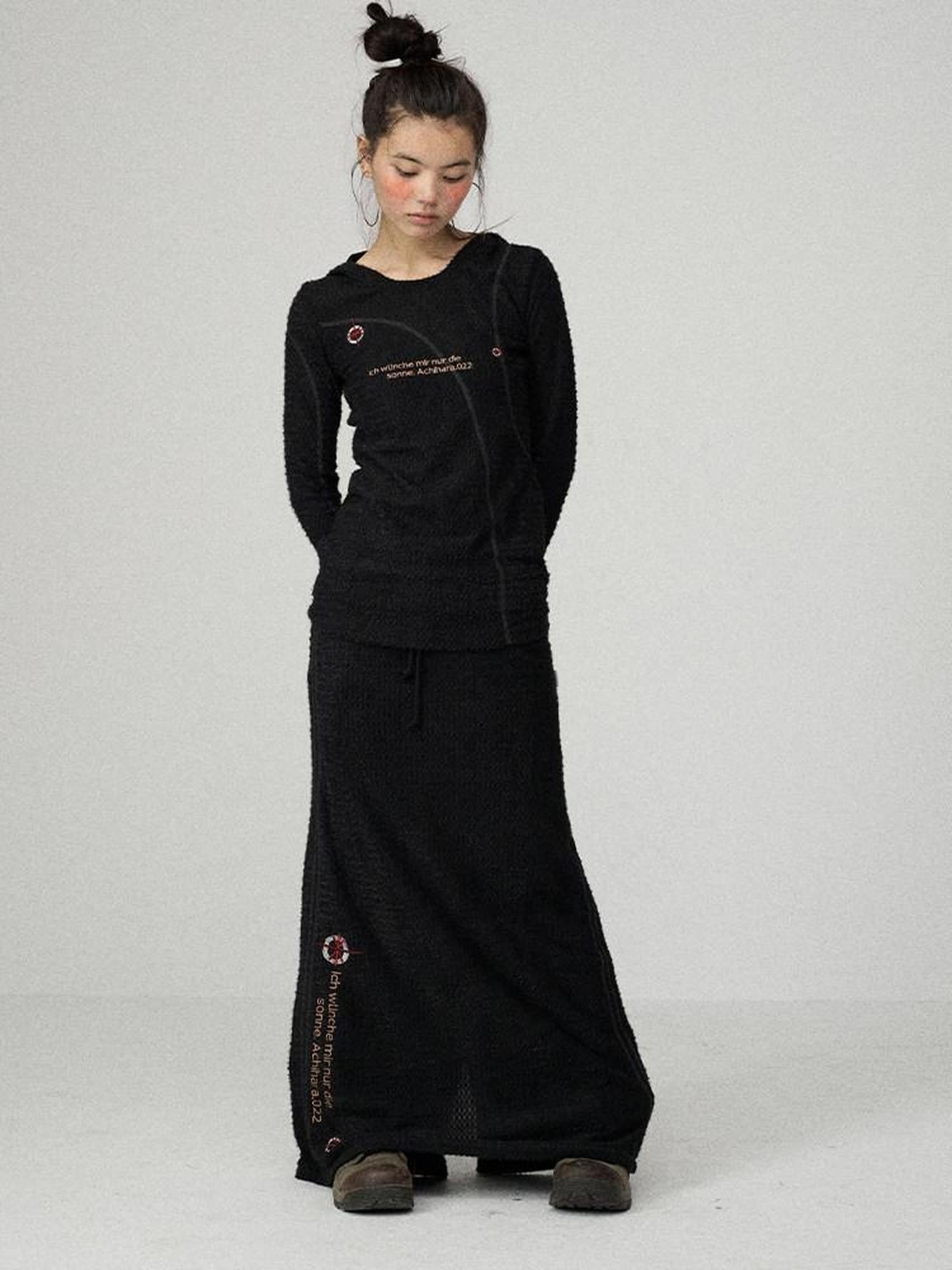 Achihara Black Embroidered A Line Mid Waist Women'S Polyester Maxi Skirts