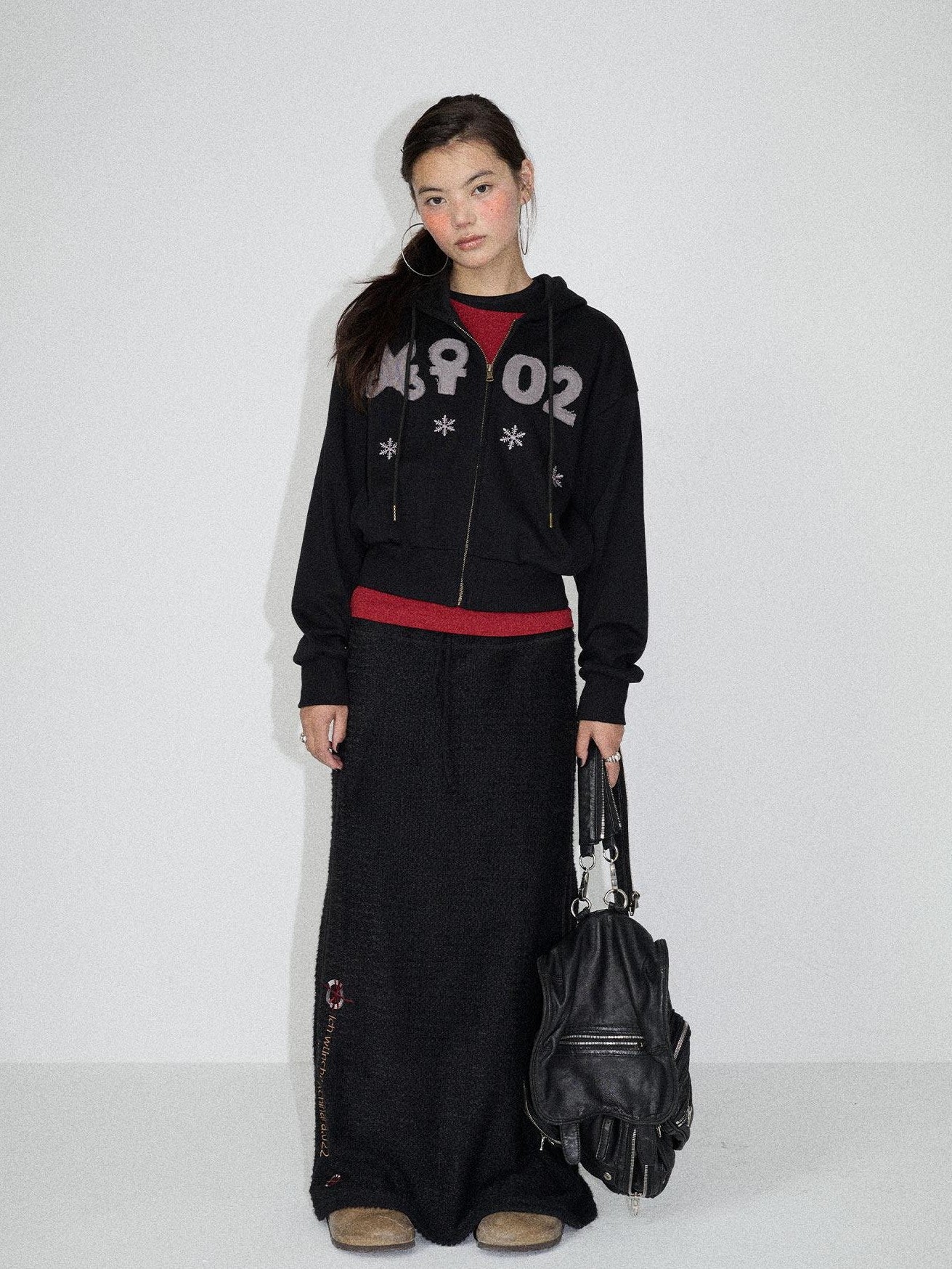 Achihara Black Embroidered A Line Mid Waist Women'S Polyester Maxi Skirts