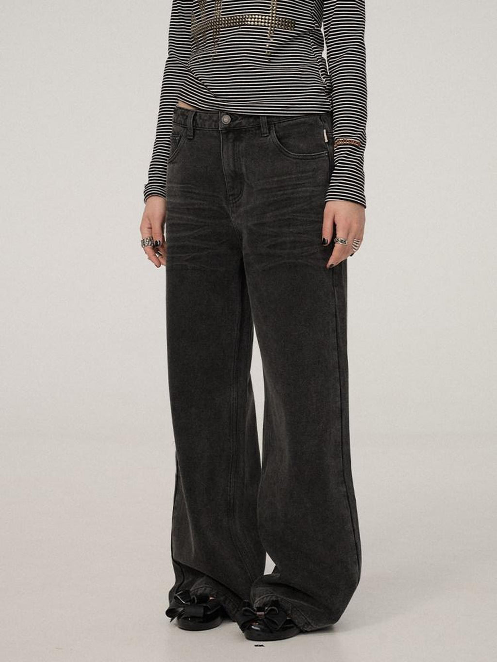 Achihara Black Grey Distressed Floor Length Women'S Denim Wide-Leg Jeans