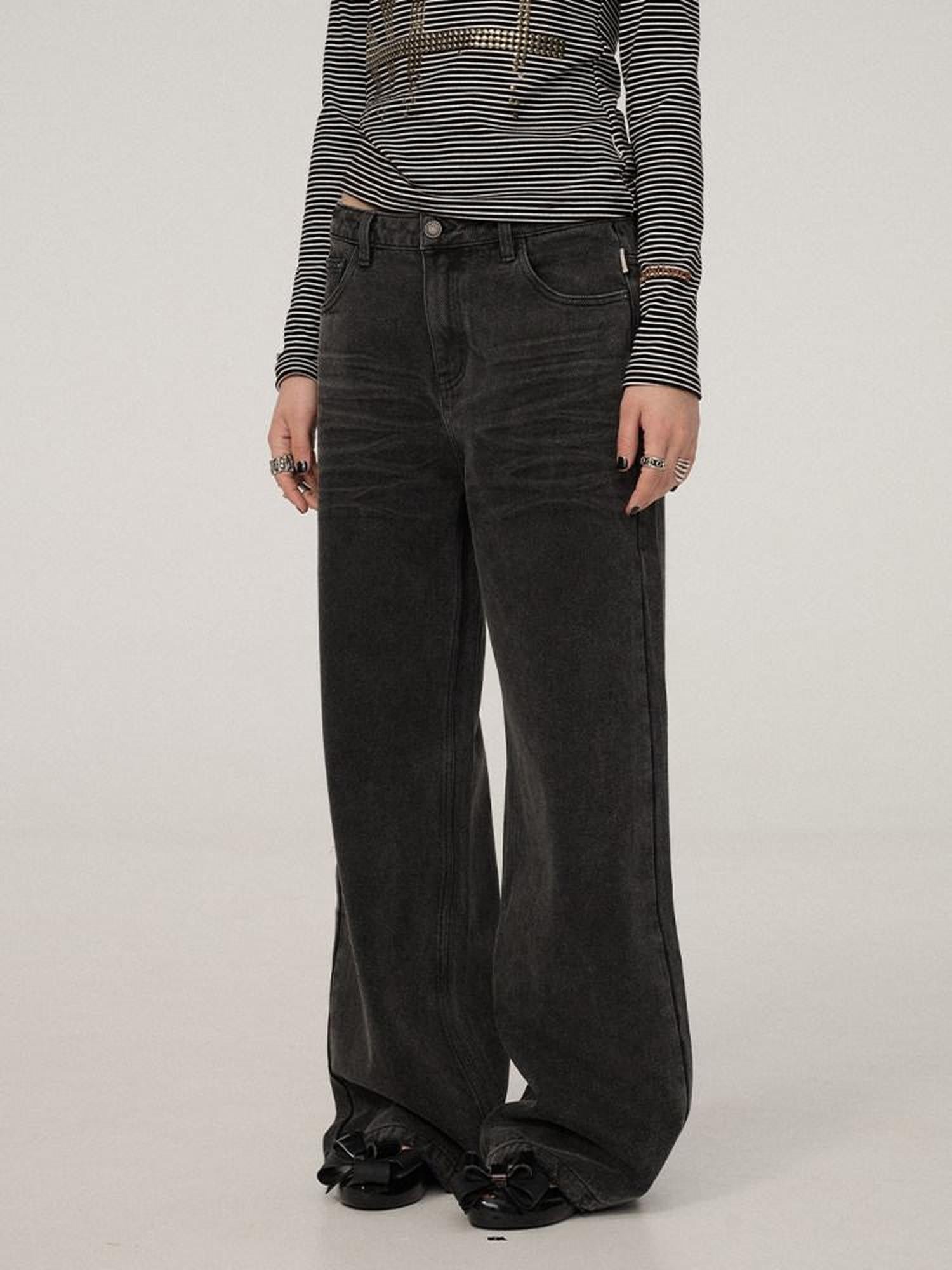 Achihara Black Grey Distressed Floor Length Women'S Denim Wide-Leg Jeans