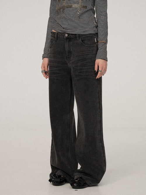 Achihara Black Grey Distressed Floor Length Women'S Denim Wide-Leg Jeans