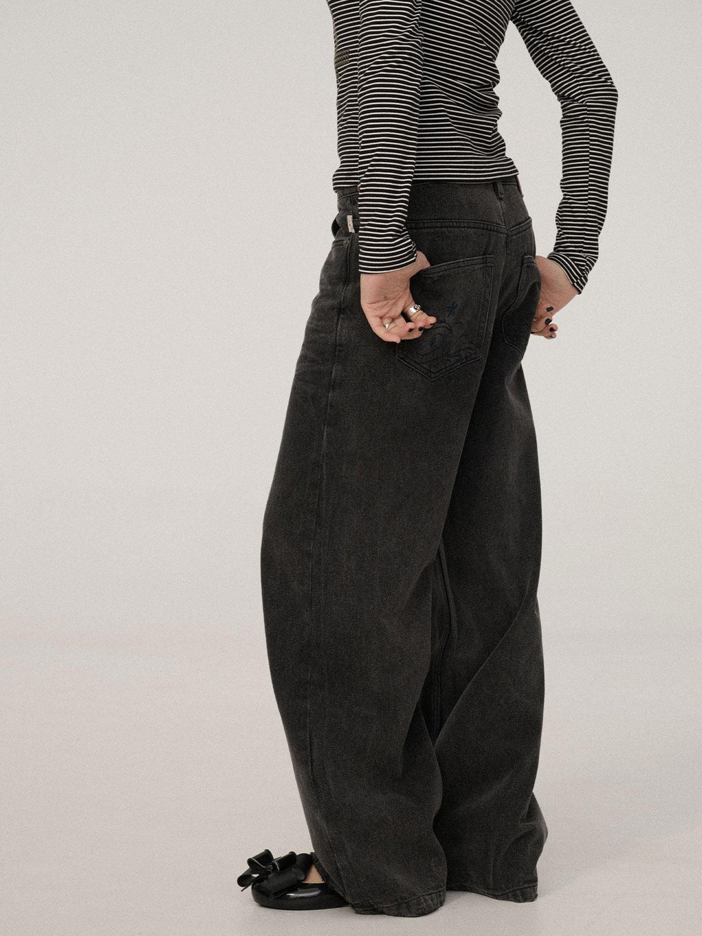 Achihara Black Grey Distressed Floor Length Women'S Denim Wide-Leg Jeans