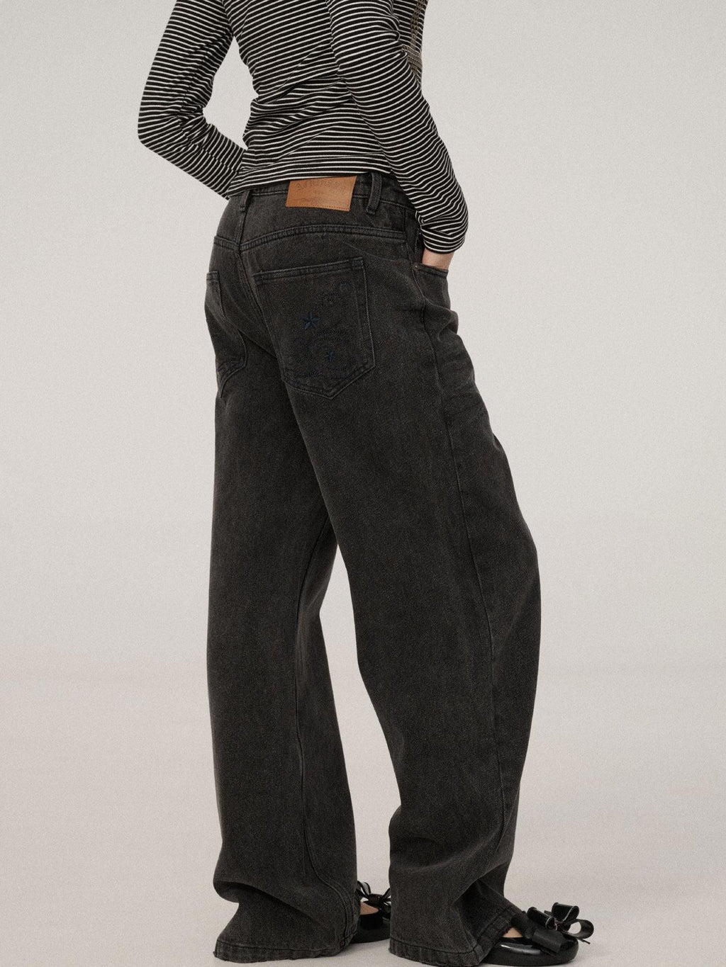 Achihara Black Grey Distressed Floor Length Women'S Denim Wide-Leg Jeans
