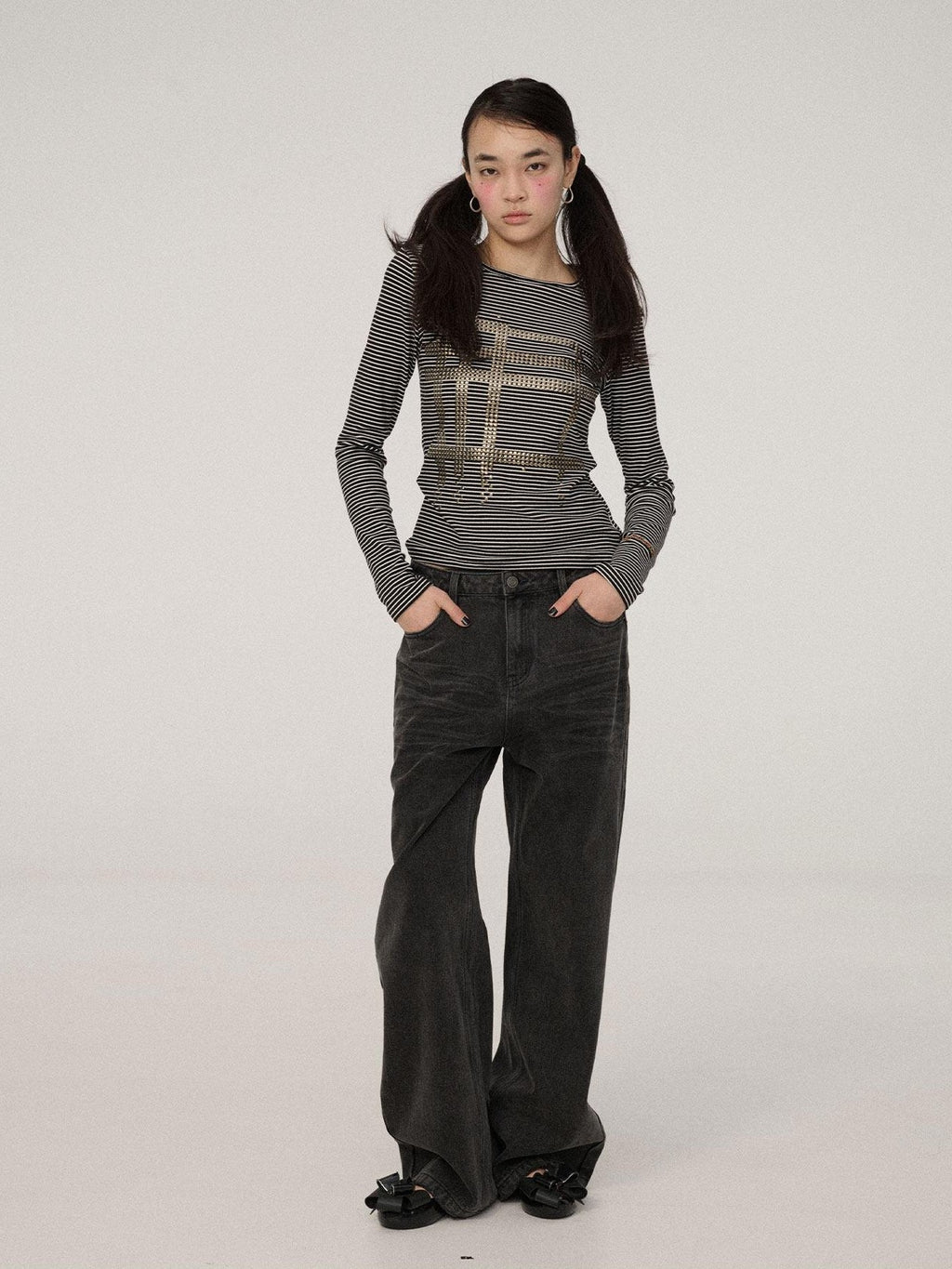 Achihara Black Grey Distressed Floor Length Women'S Denim Wide-Leg Jeans