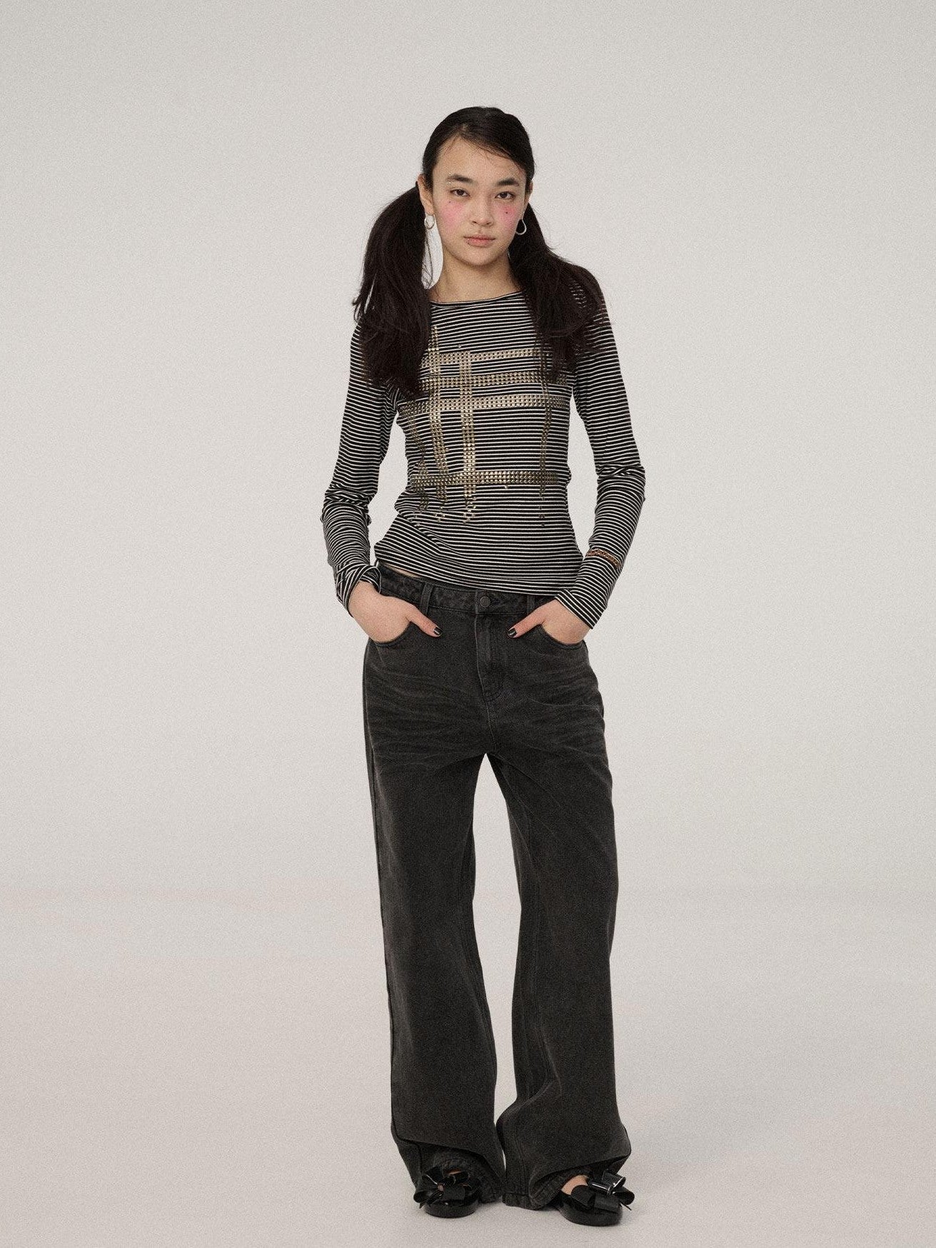 Achihara Black Grey Distressed Floor Length Women'S Denim Wide-Leg Jeans