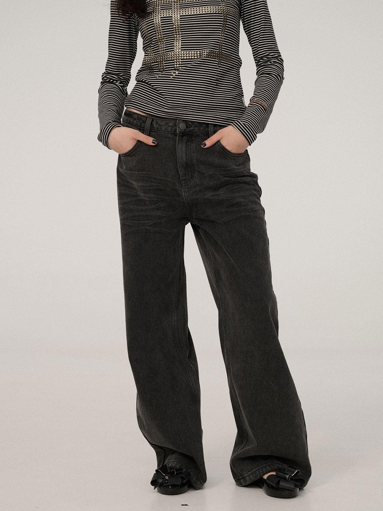 Achihara Black Grey Distressed Floor Length Women'S Denim Wide-Leg Jeans