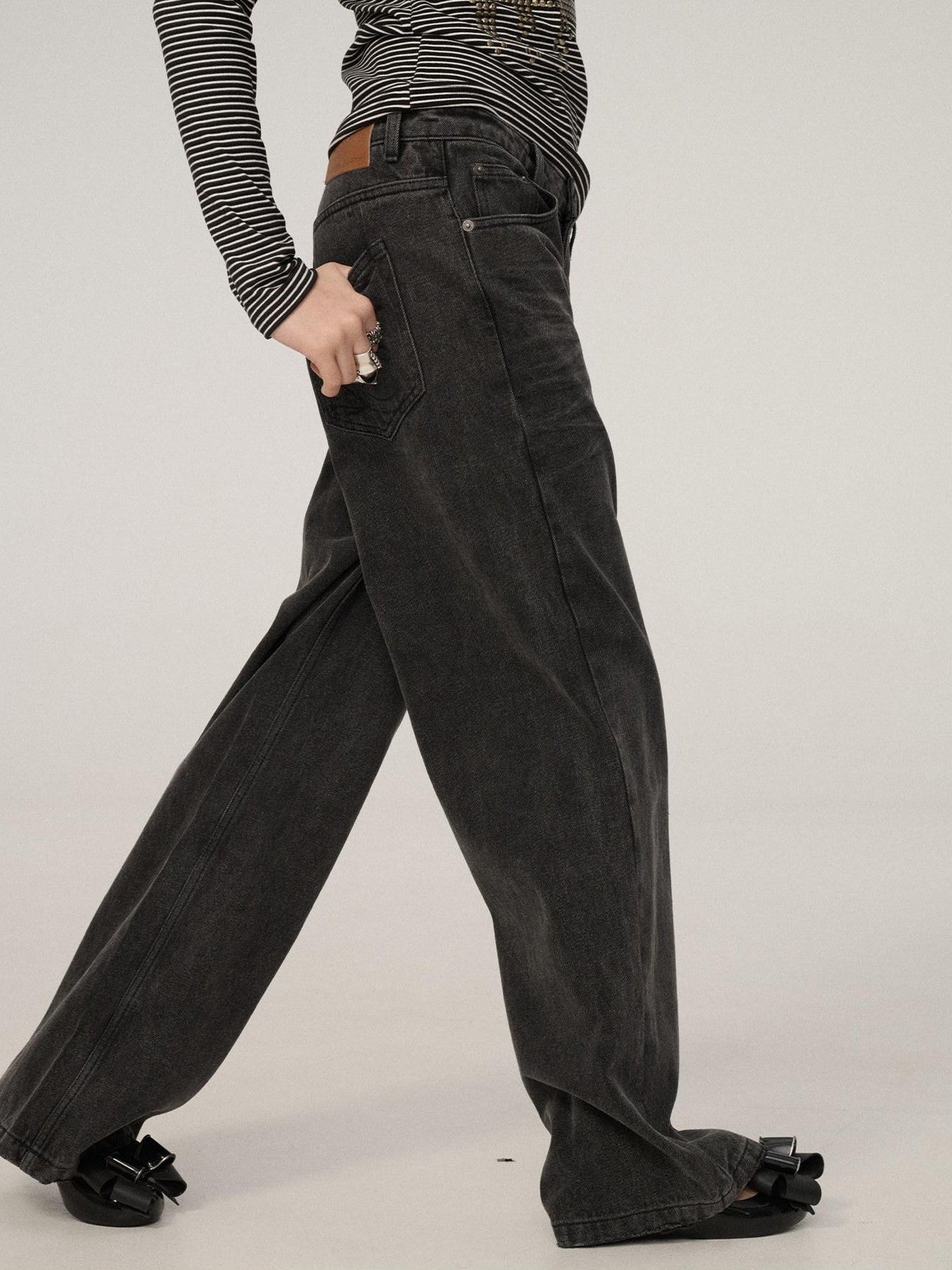 Achihara Black Grey Distressed Floor Length Women'S Denim Wide-Leg Jeans