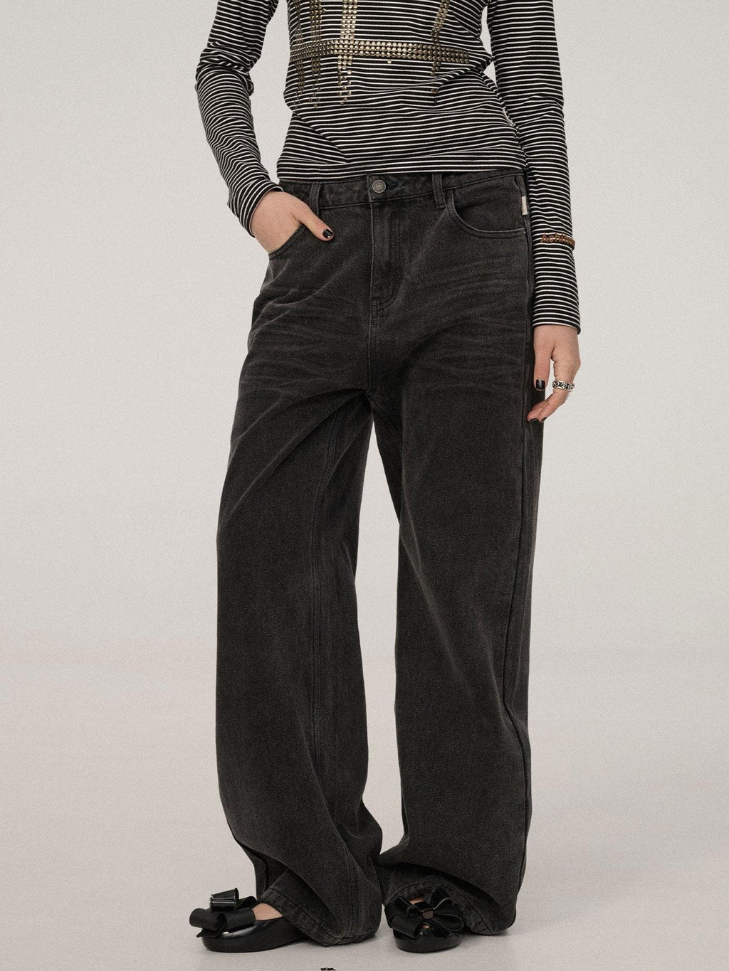 Achihara Black Grey Distressed Floor Length Women'S Denim Wide-Leg Jeans