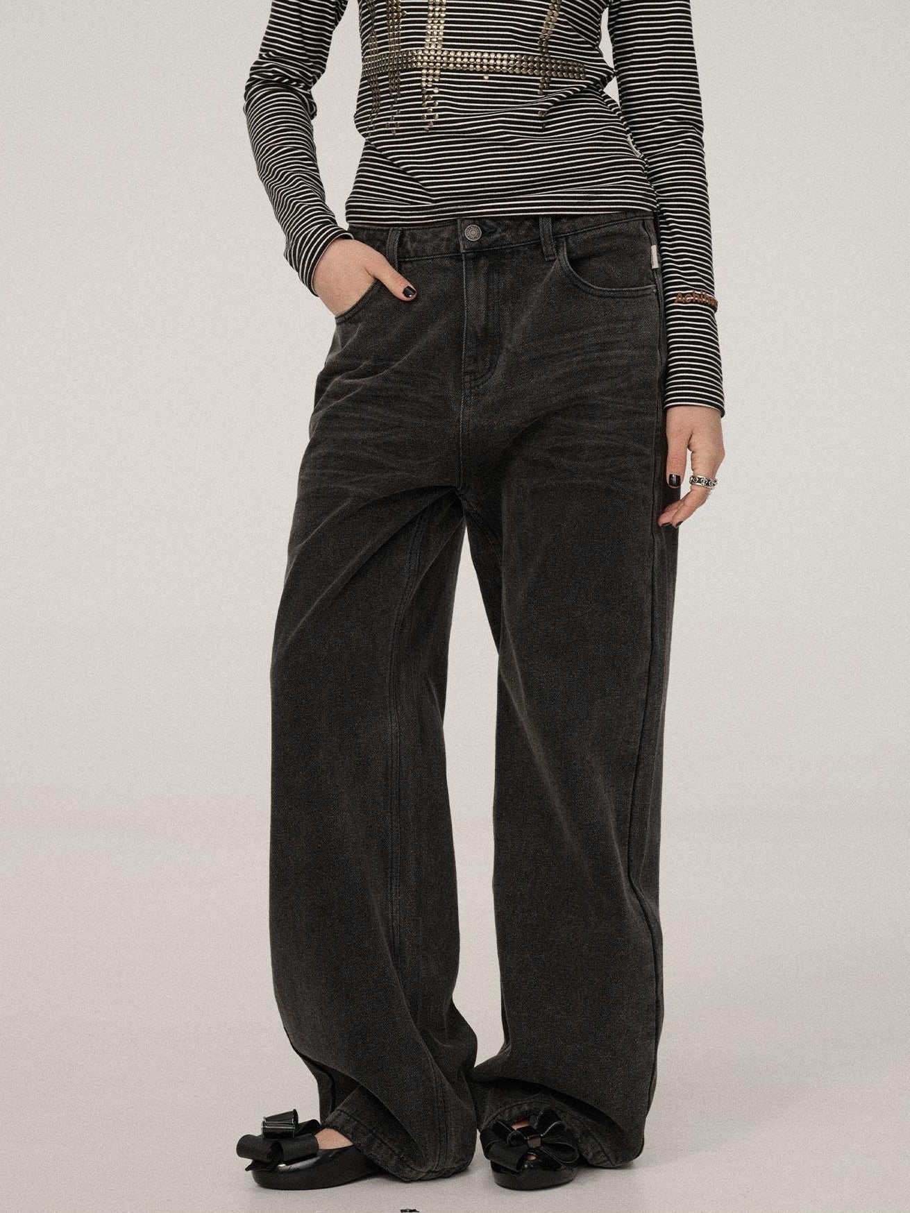 Achihara Black Grey Distressed Floor Length Women'S Denim Wide-Leg Jeans