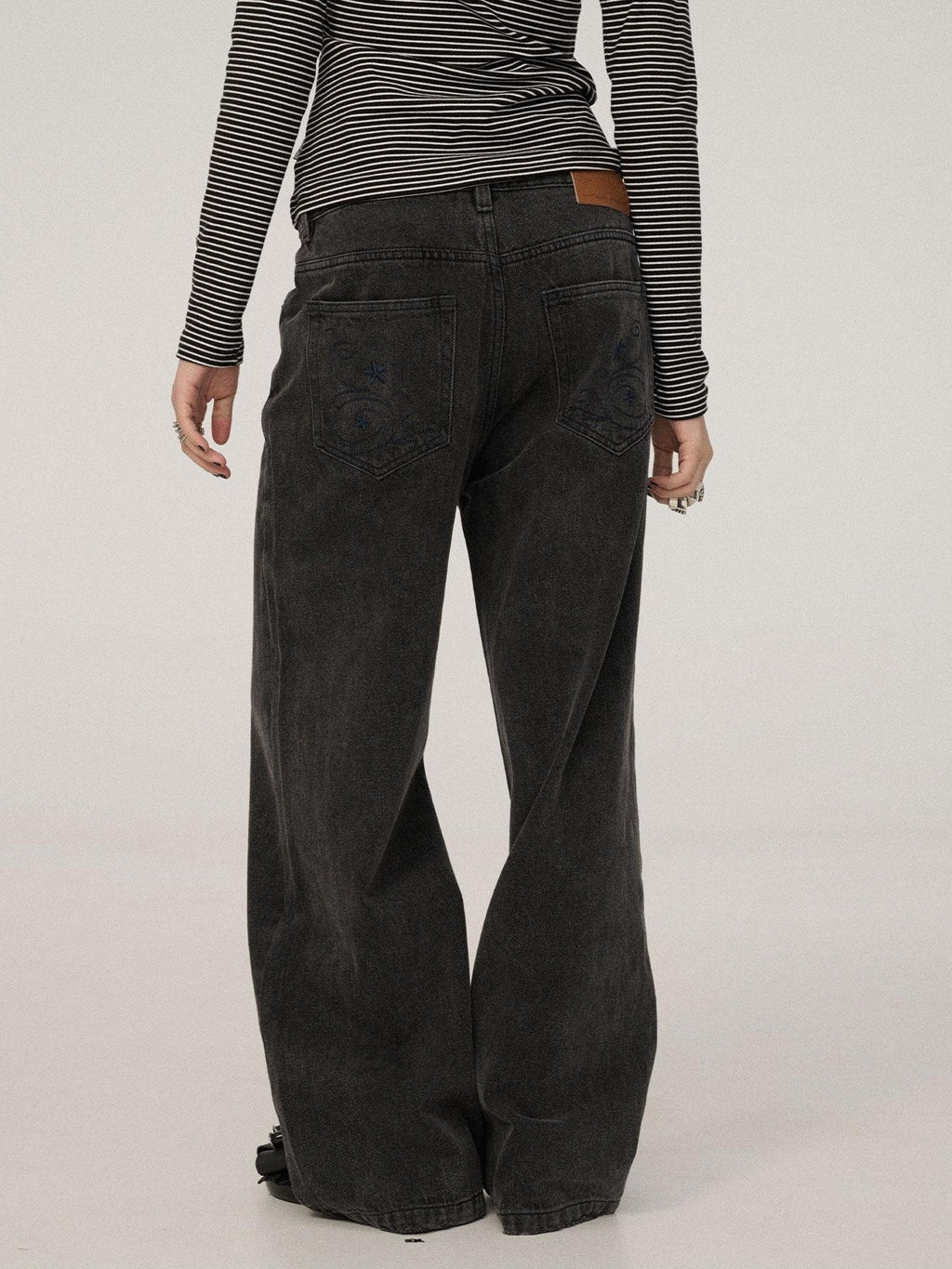 Achihara Black Grey Distressed Floor Length Women'S Denim Wide-Leg Jeans