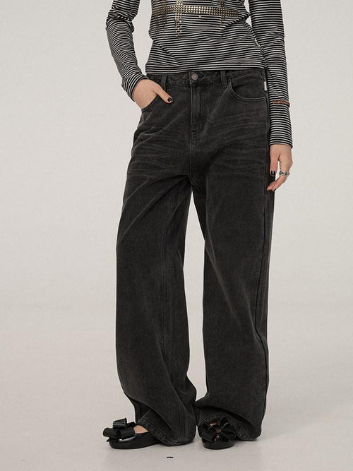 Achihara Black Grey Distressed Floor Length Women'S Denim Wide-Leg Jeans