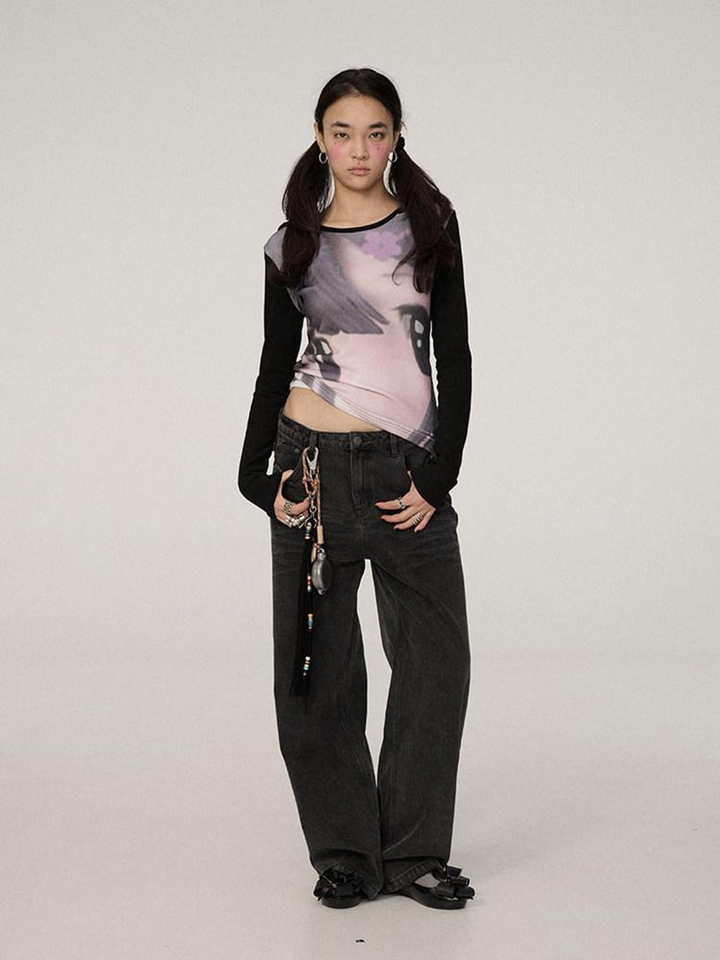 Achihara Black Grey Distressed Floor Length Women'S Denim Wide-Leg Jeans