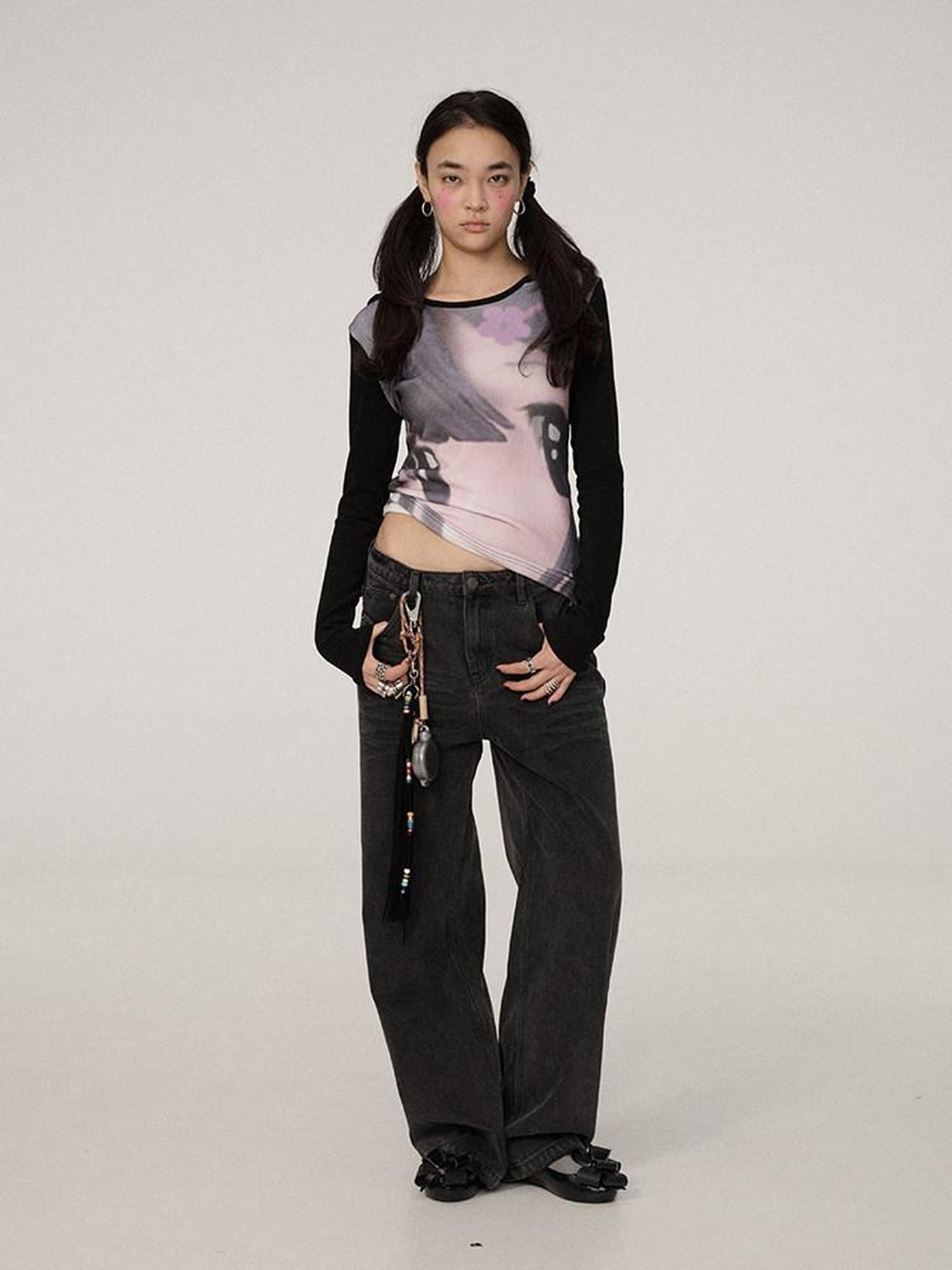 Achihara Black Grey Distressed Floor Length Women'S Denim Wide-Leg Jeans