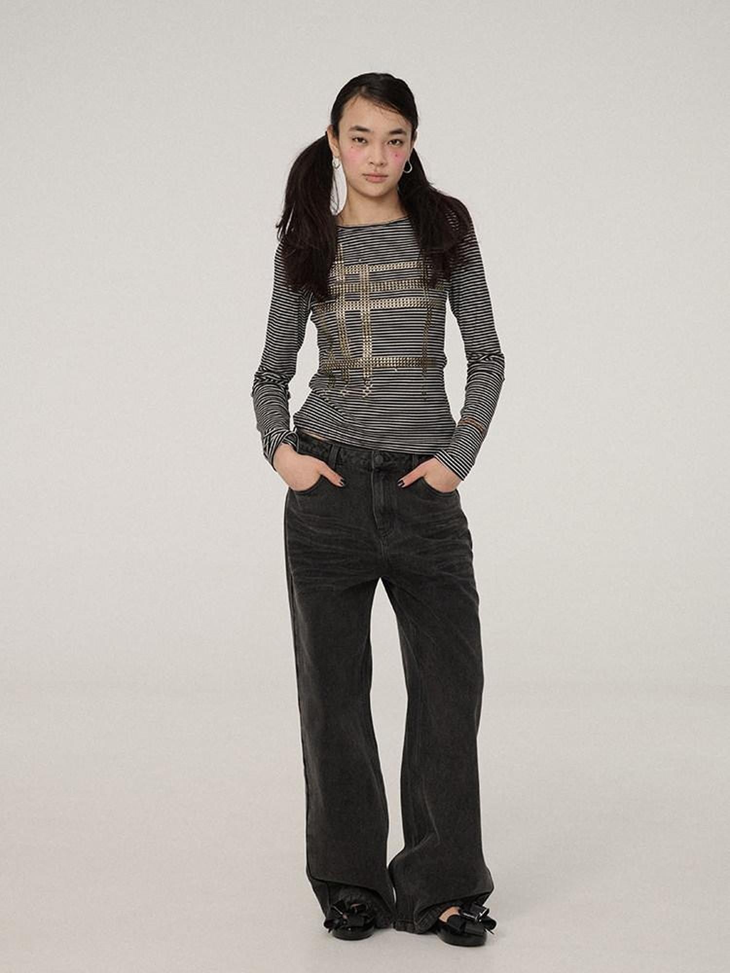 Achihara Black Grey Distressed Floor Length Women'S Denim Wide-Leg Jeans