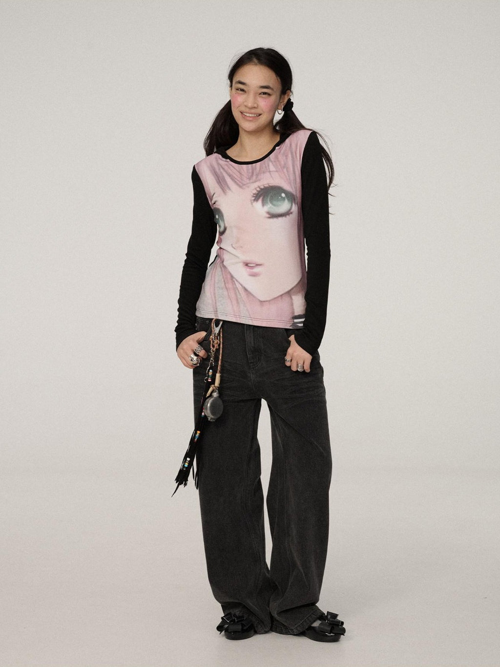 Achihara Black Grey Distressed Floor Length Women'S Denim Wide-Leg Jeans