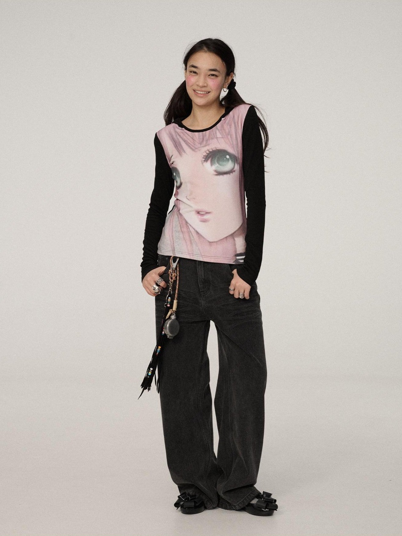 Achihara Black Grey Distressed Floor Length Women'S Denim Wide-Leg Jeans