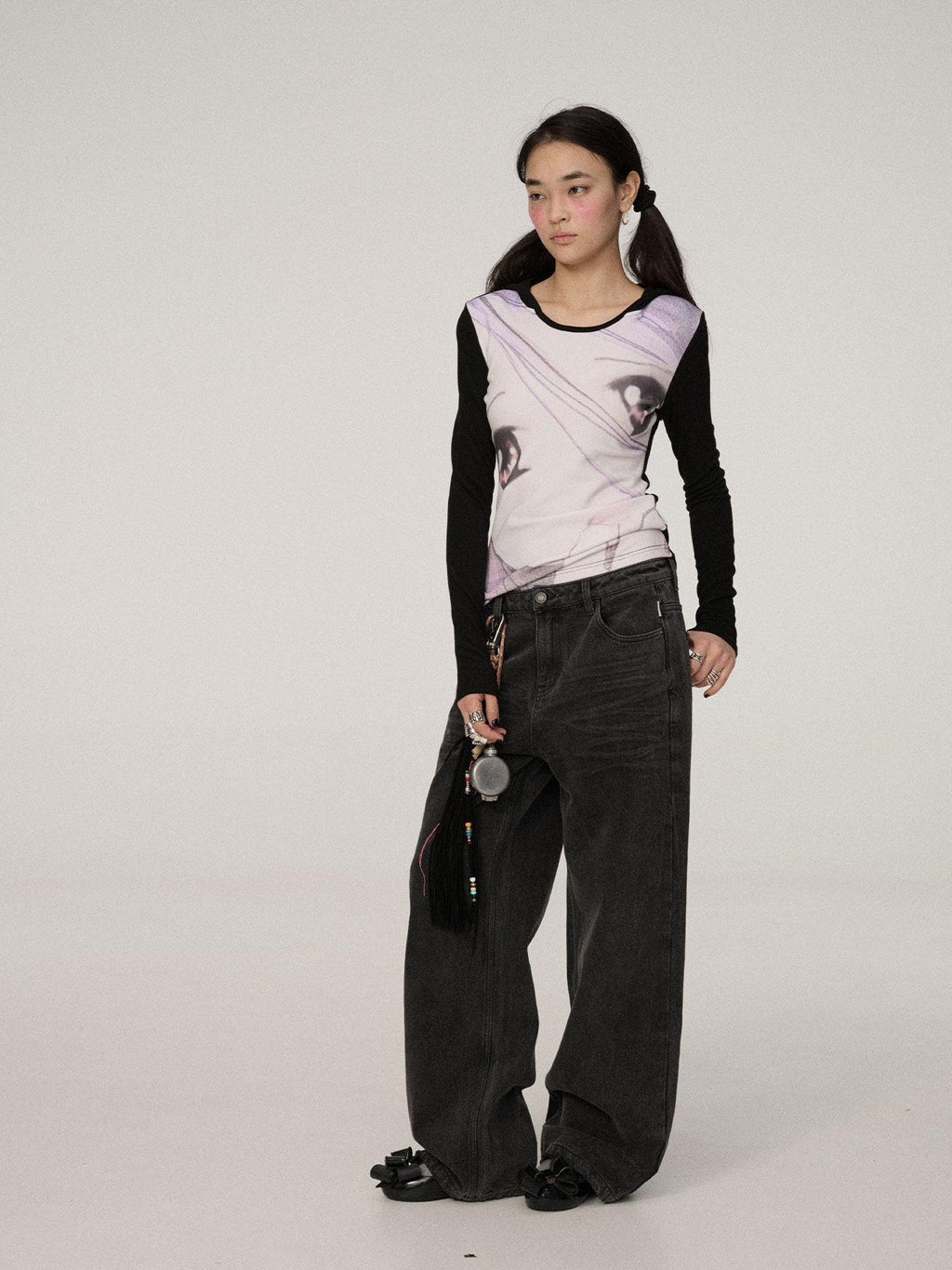 Achihara Black Grey Distressed Floor Length Women'S Denim Wide-Leg Jeans