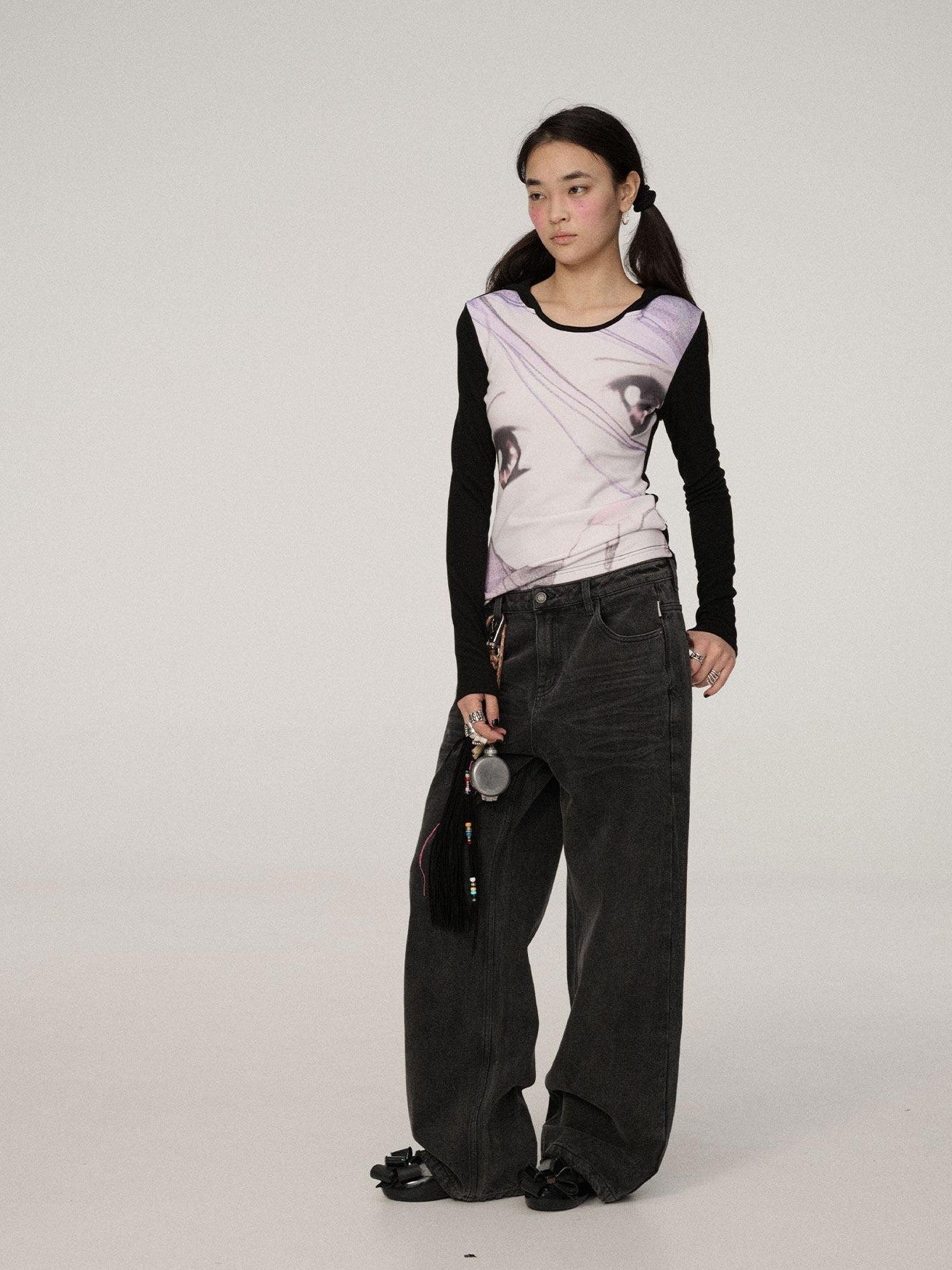 Achihara Black Grey Distressed Floor Length Women'S Denim Wide-Leg Jeans