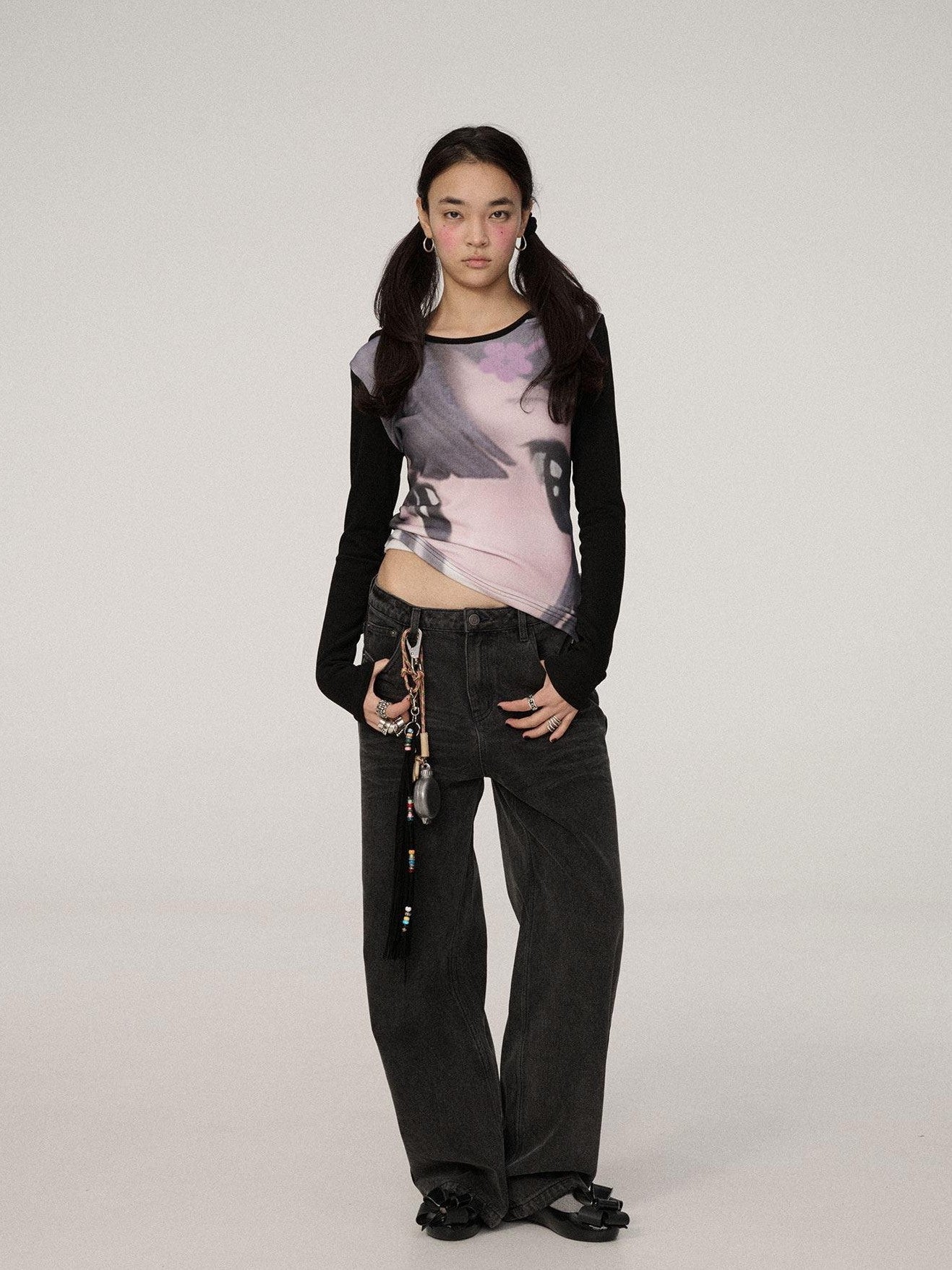 Achihara Black Grey Distressed Floor Length Women'S Denim Wide-Leg Jeans