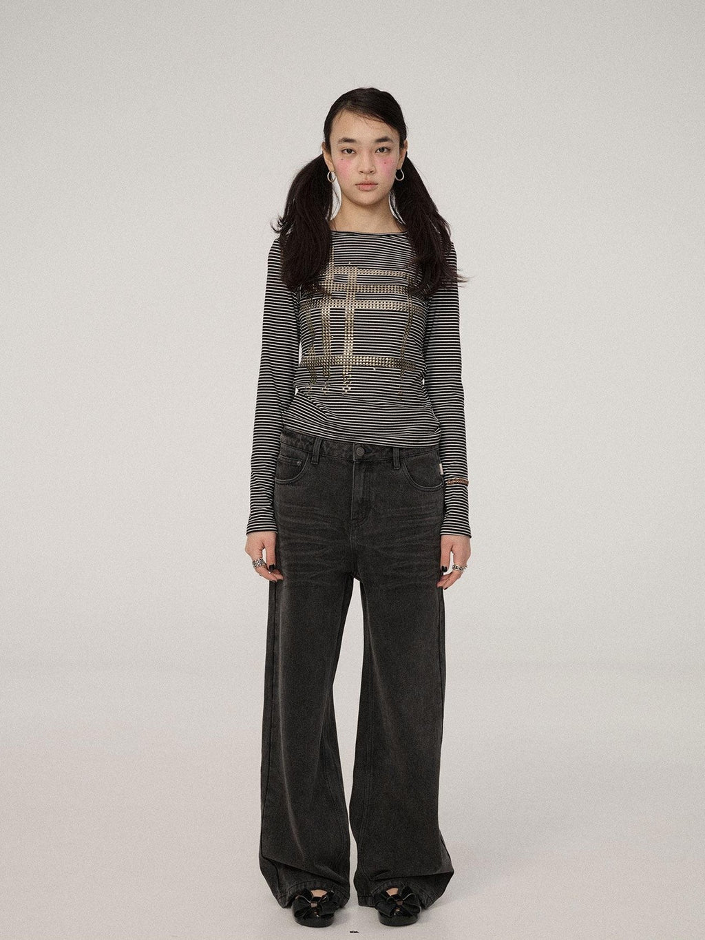 Achihara Black Grey Distressed Floor Length Women'S Denim Wide-Leg Jeans
